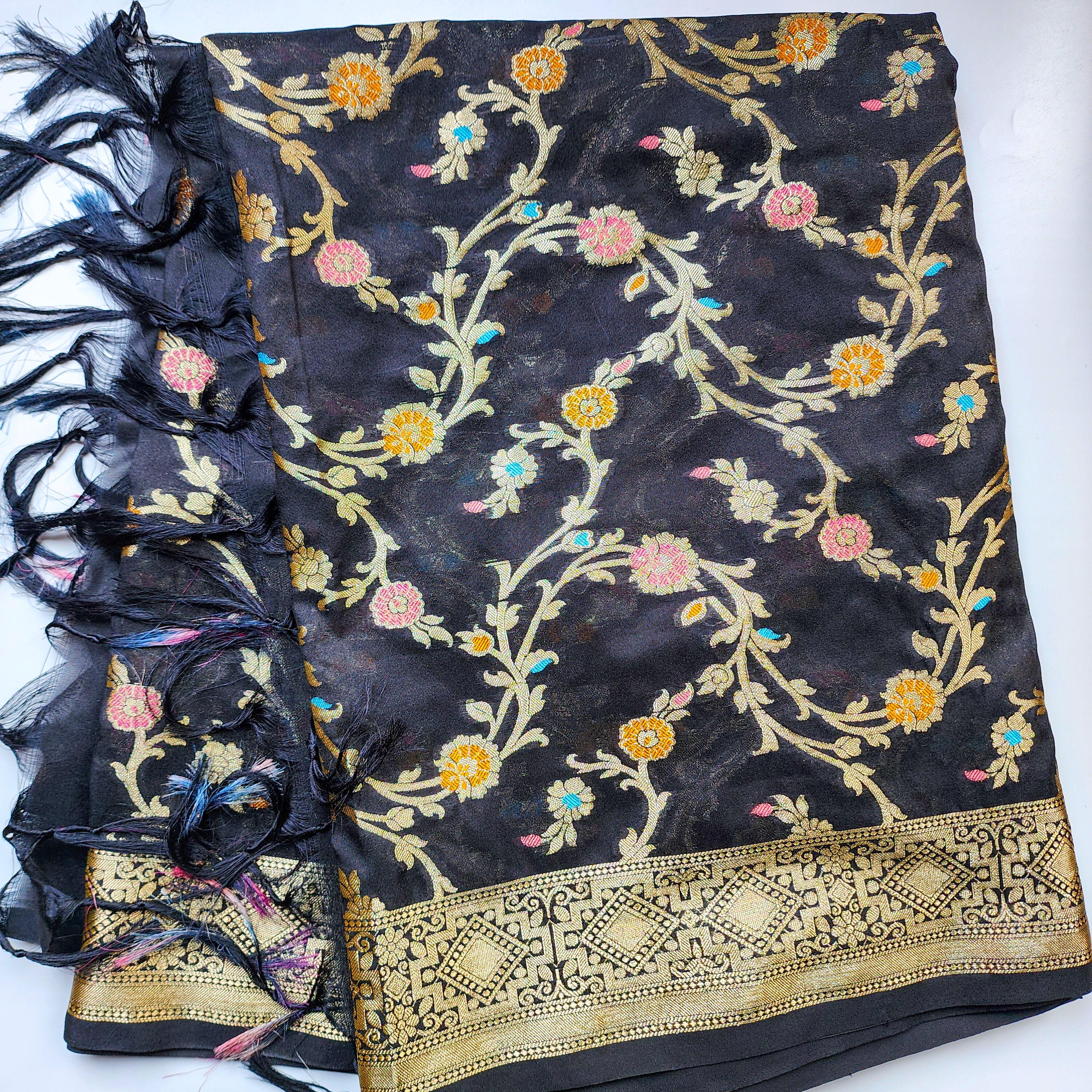 Black Banarasi Silk Dupatta with Gold Zari Border