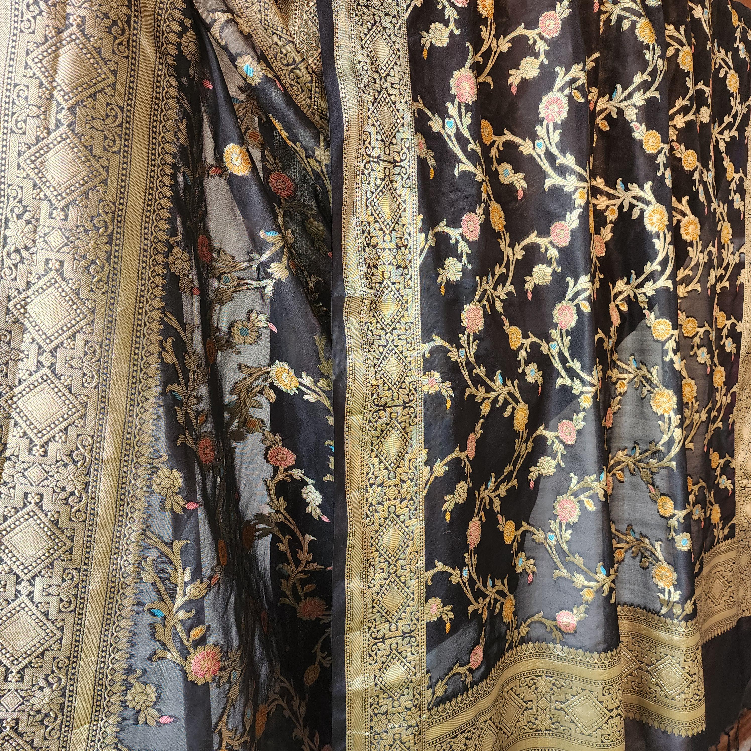 Black Banarasi Silk Dupatta with Gold Zari Border