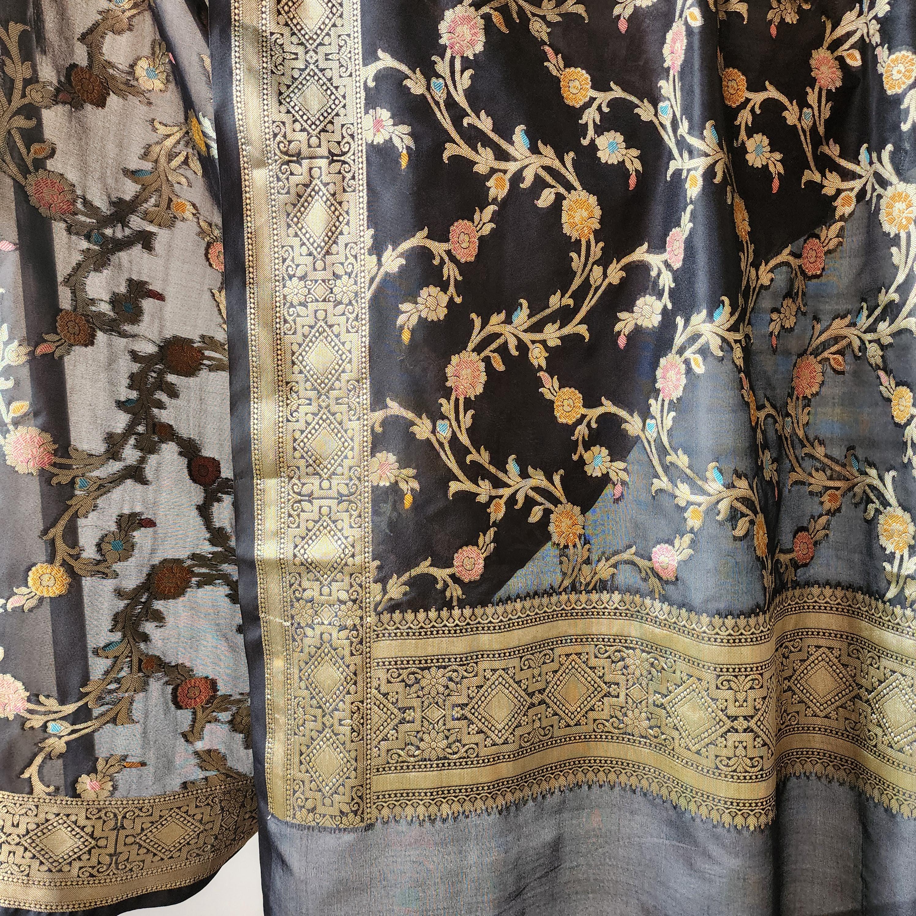 Black Banarasi Silk Dupatta with Gold Zari Border