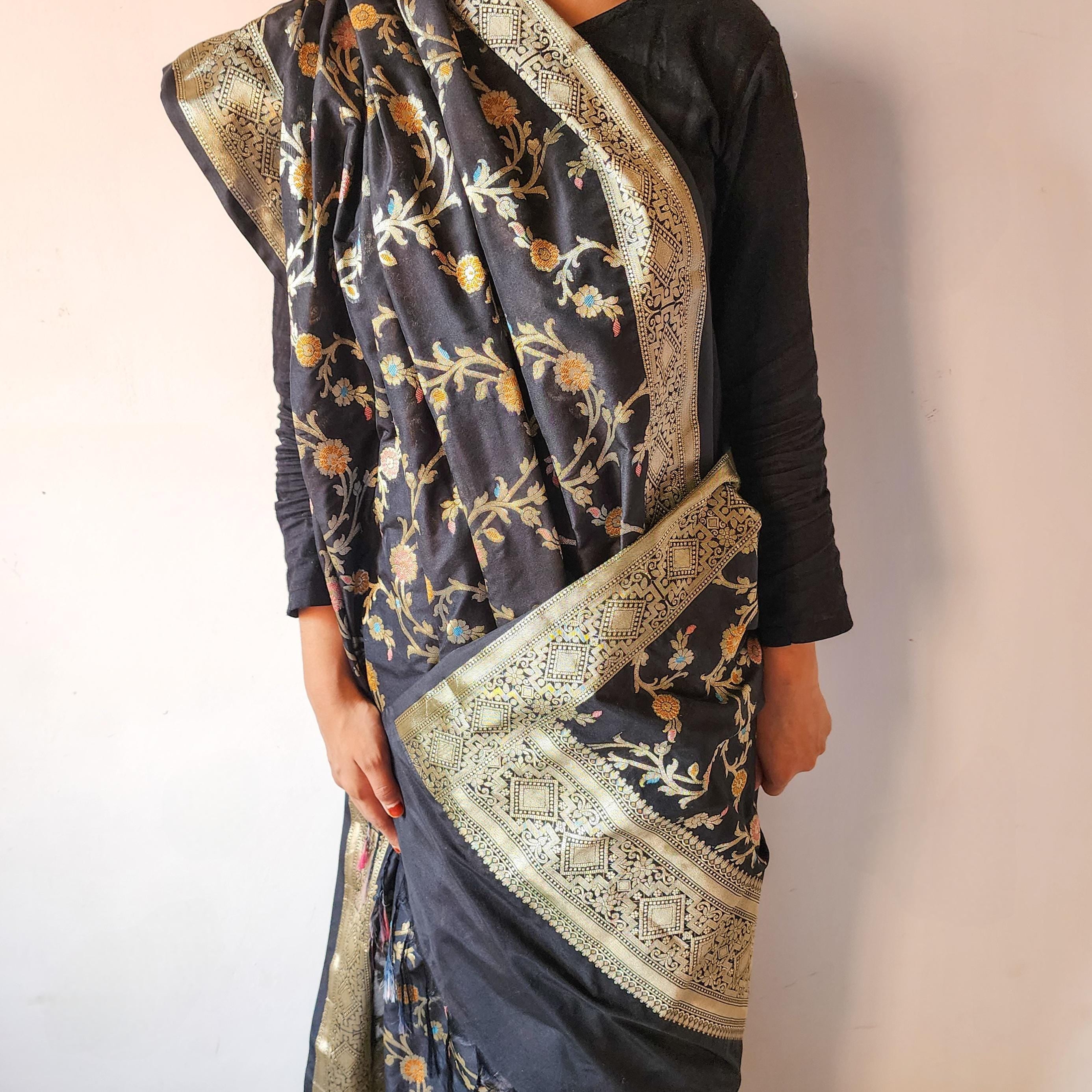 Black Banarasi Silk Dupatta with Gold Zari Border
