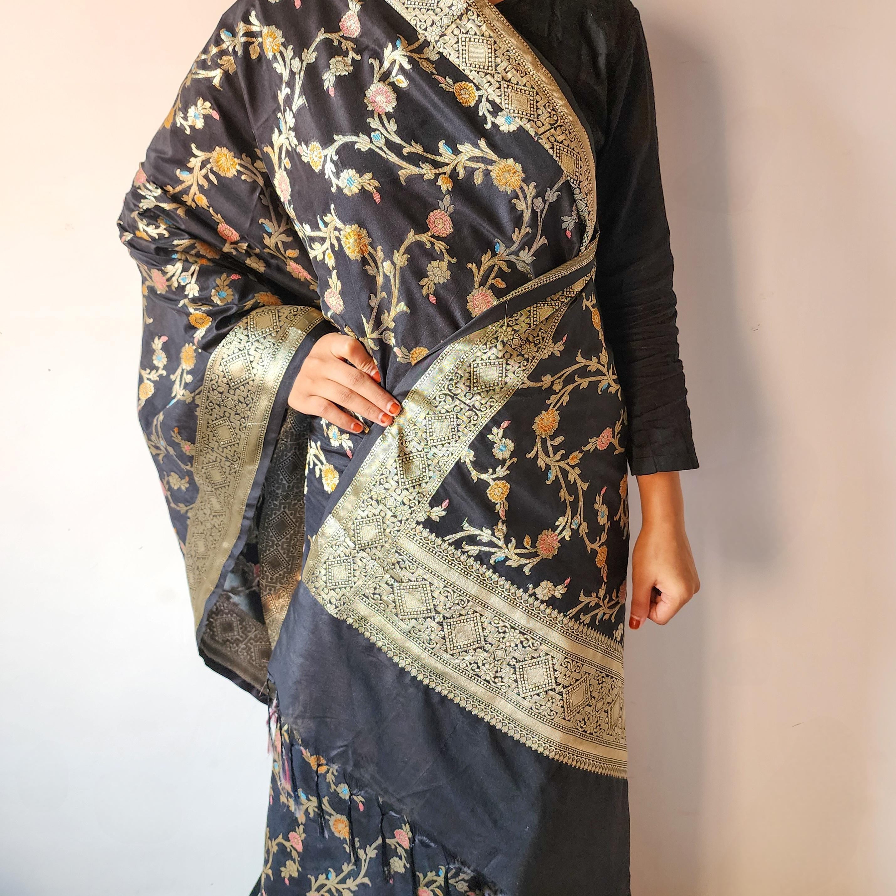 Black Banarasi Silk Dupatta with Gold Zari Border