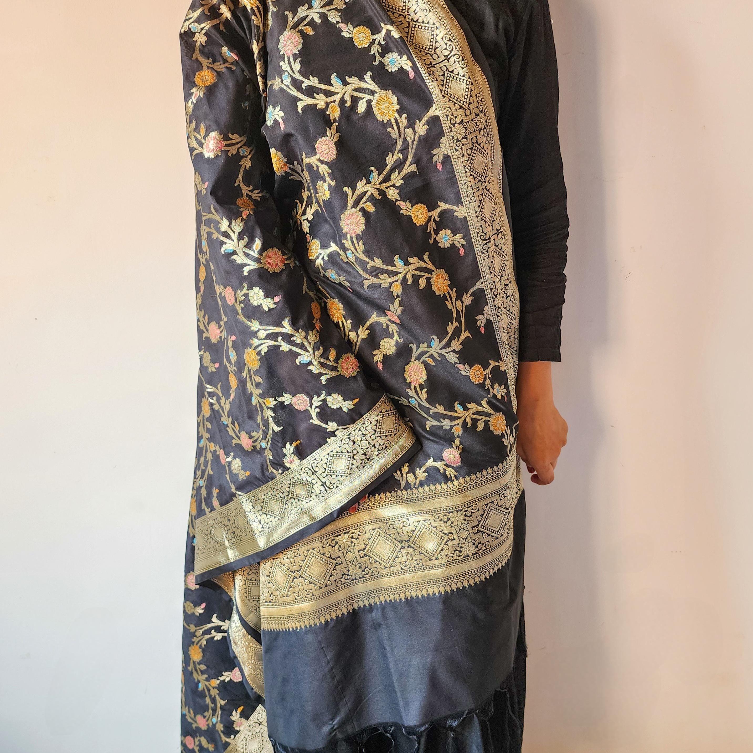 Black Banarasi Silk Dupatta with Gold Zari Border