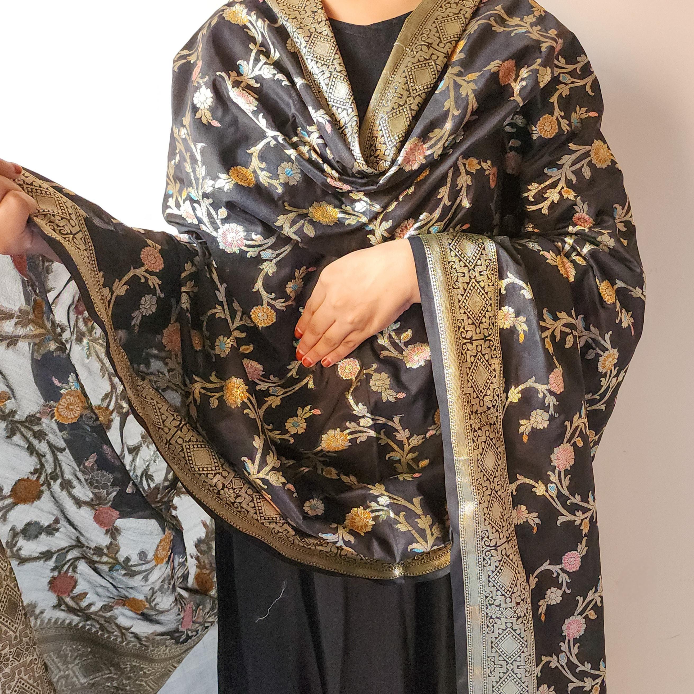 Black Banarasi Silk Dupatta with Gold Zari Border