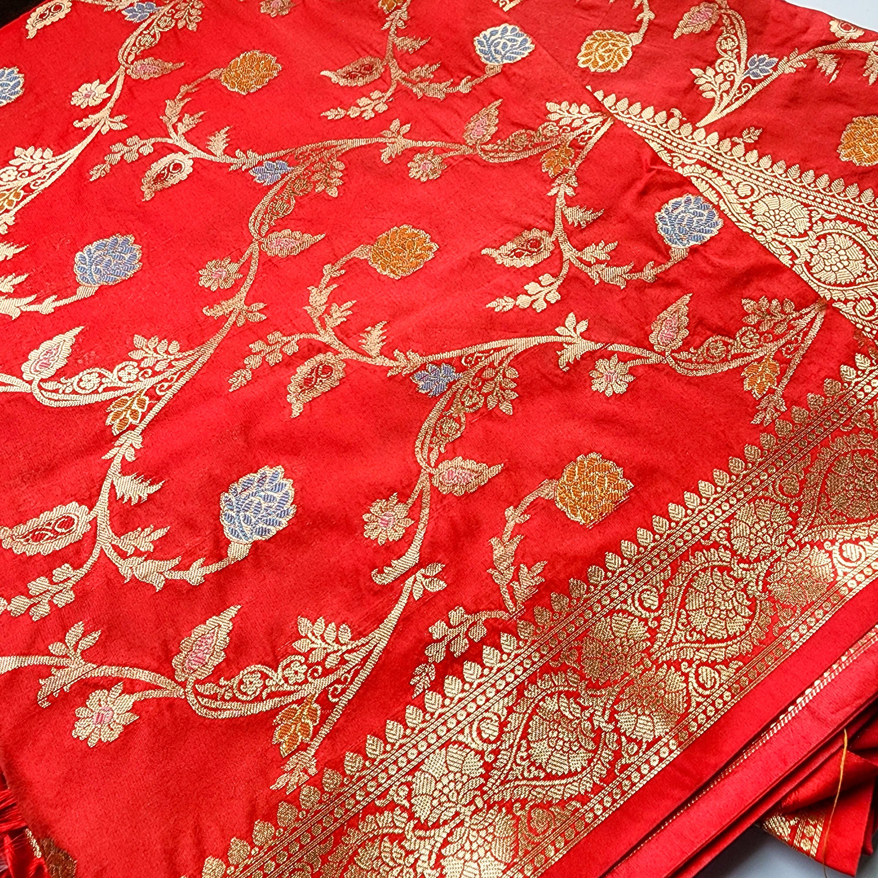 Bright Red Banarasi Silk Dupatta with Multicolor Meenakari and Festive Zari Work