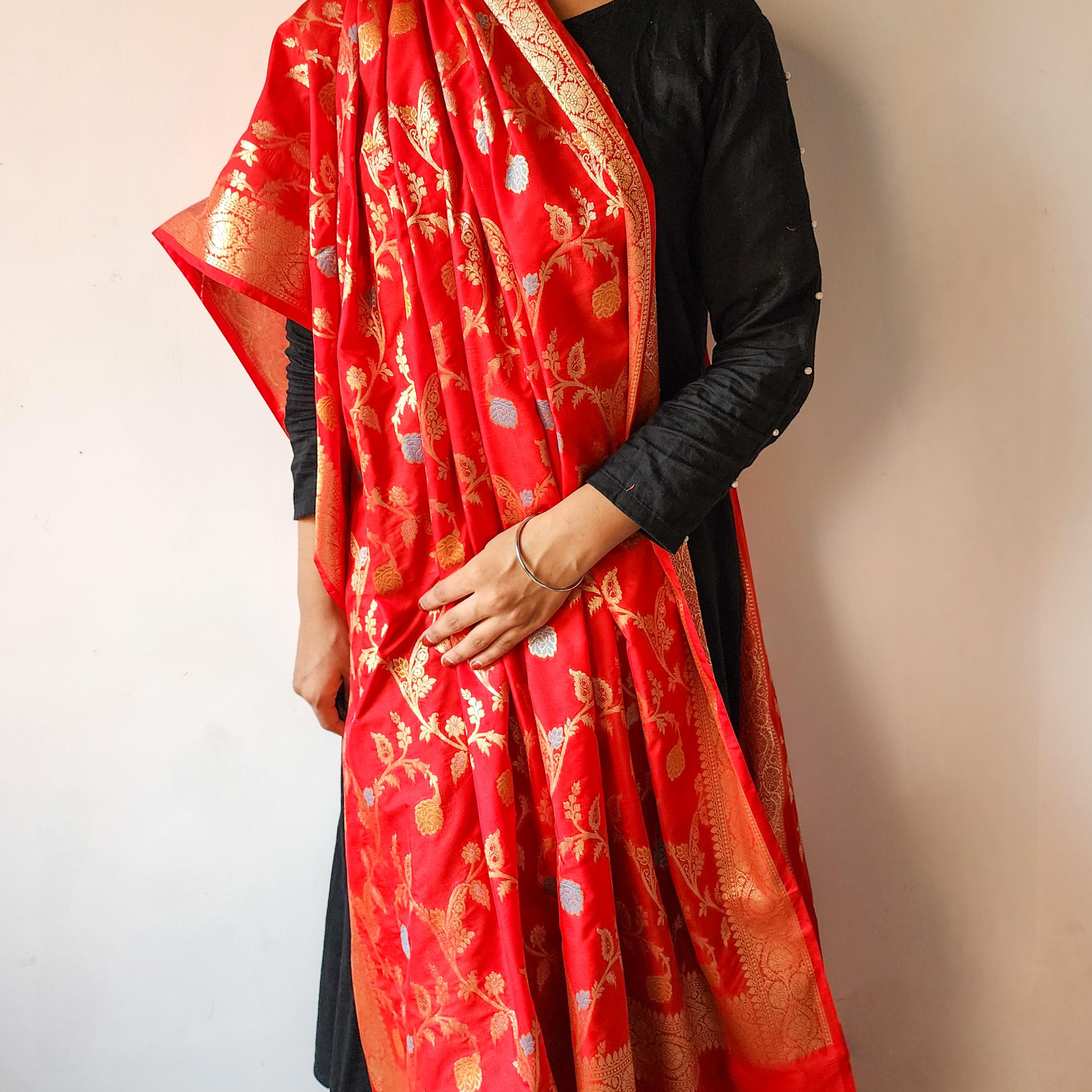 Bright Red Banarasi Silk Dupatta with Multicolor Meenakari and Festive Zari Work