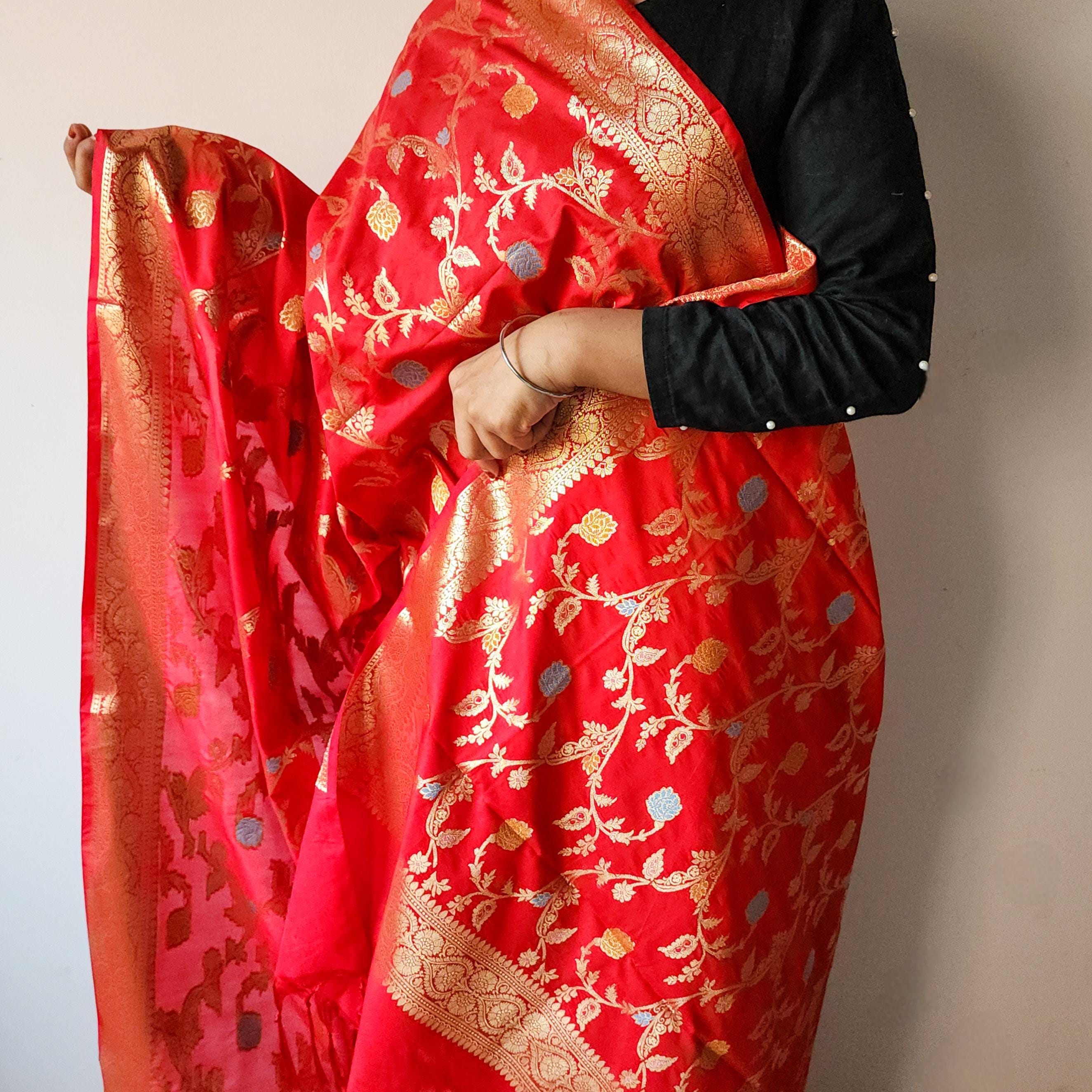 Bright Red Banarasi Silk Dupatta with Multicolor Meenakari and Festive Zari Work