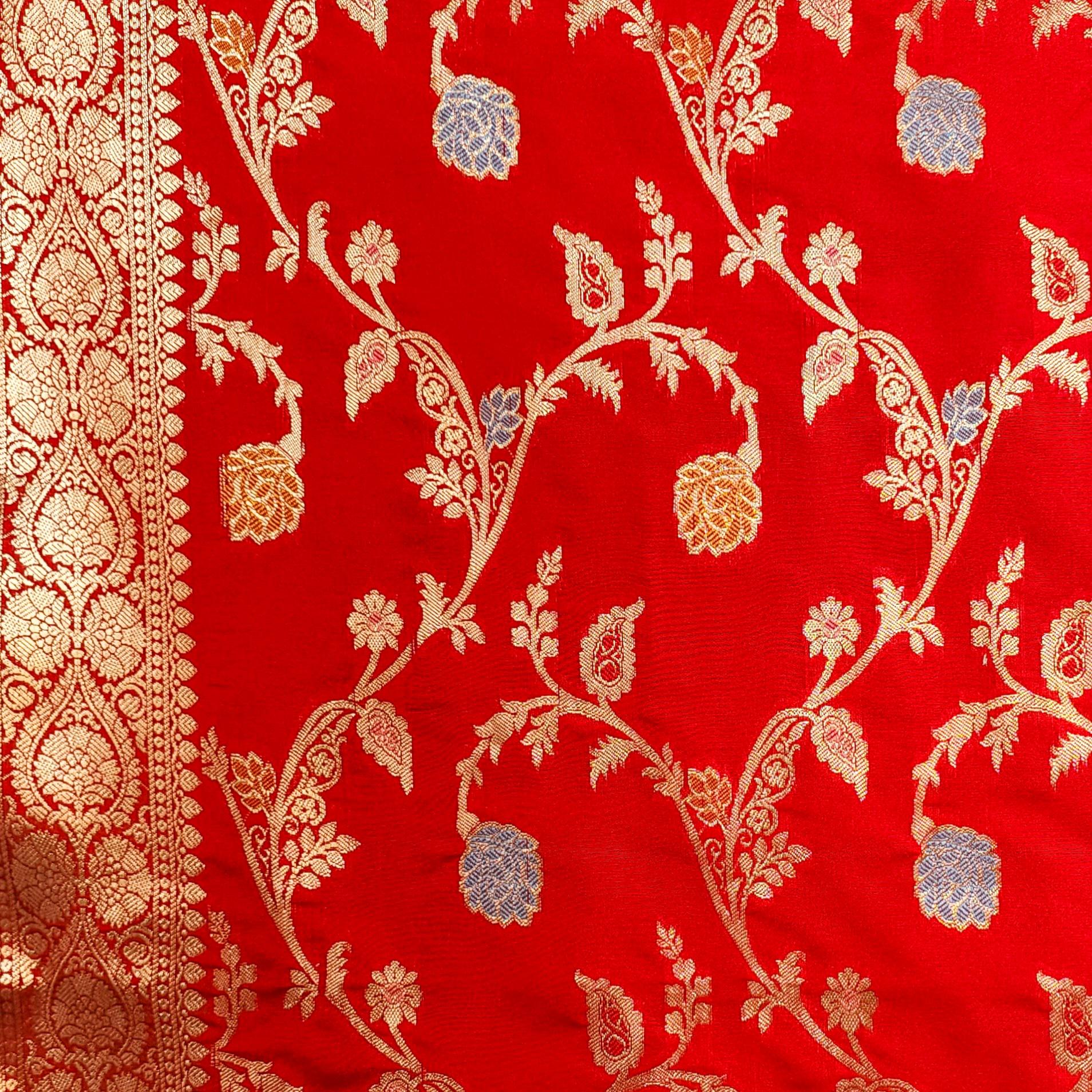 Bright Red Banarasi Silk Dupatta with Multicolor Meenakari and Festive Zari Work
