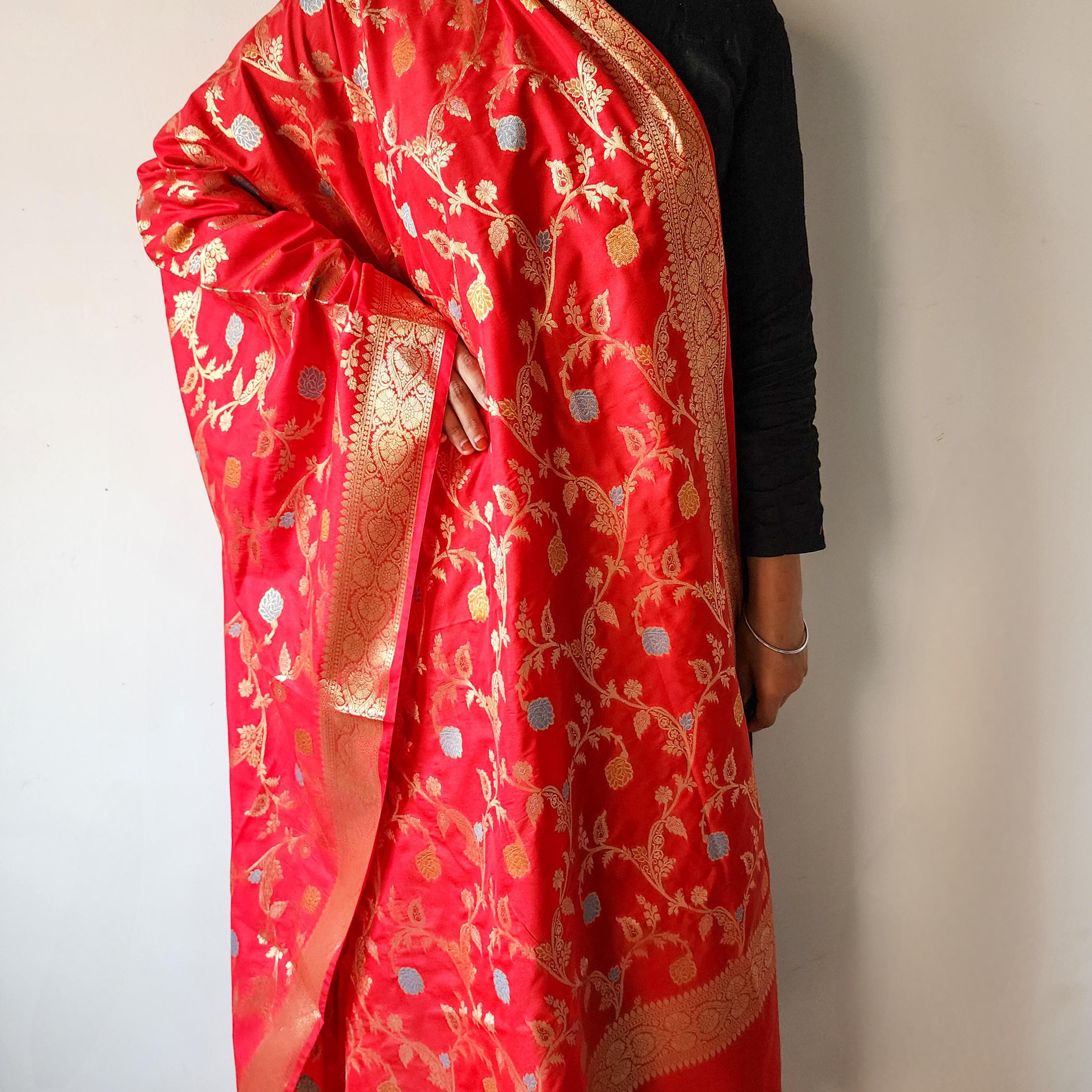 Bright Red Banarasi Silk Dupatta with Multicolor Meenakari and Festive Zari Work