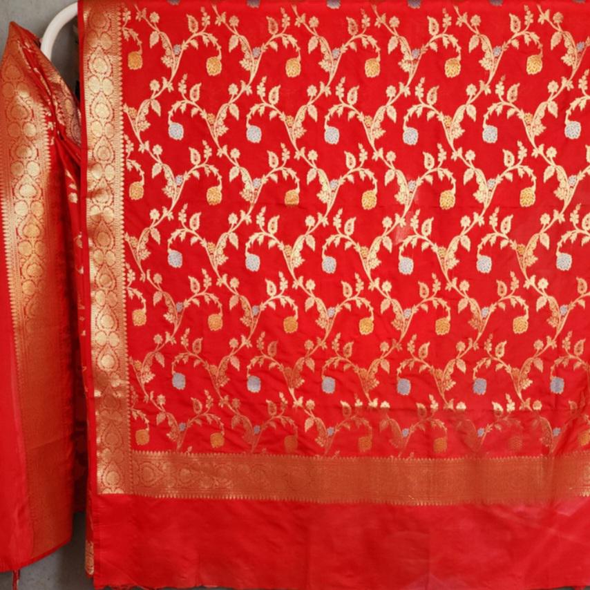 Bright Red Banarasi Silk Dupatta with Multicolor Meenakari and Festive Zari Work