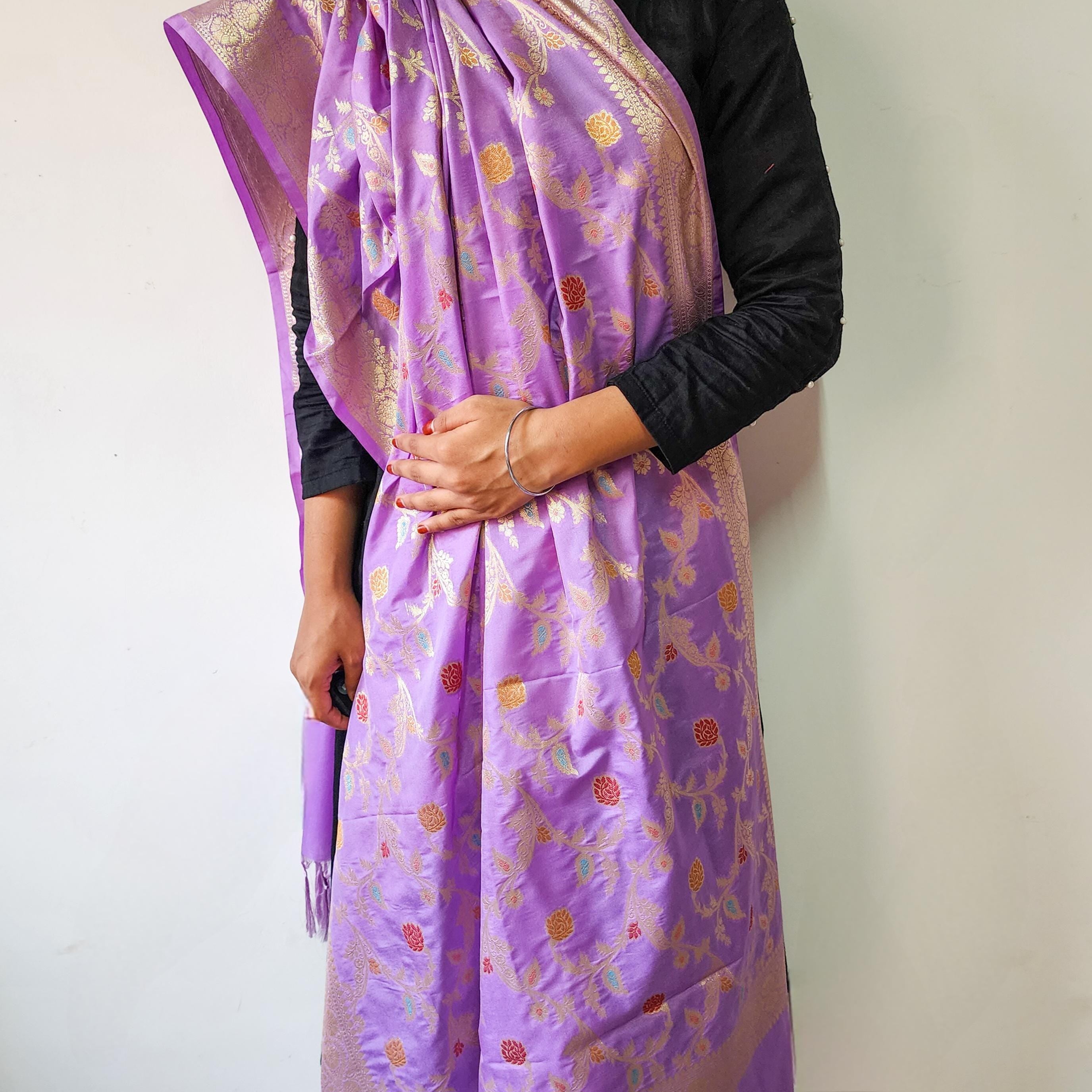 Baby Pink Banarasi Silk Dupatta with Elegant Multicolor Meenakari and Zari Border