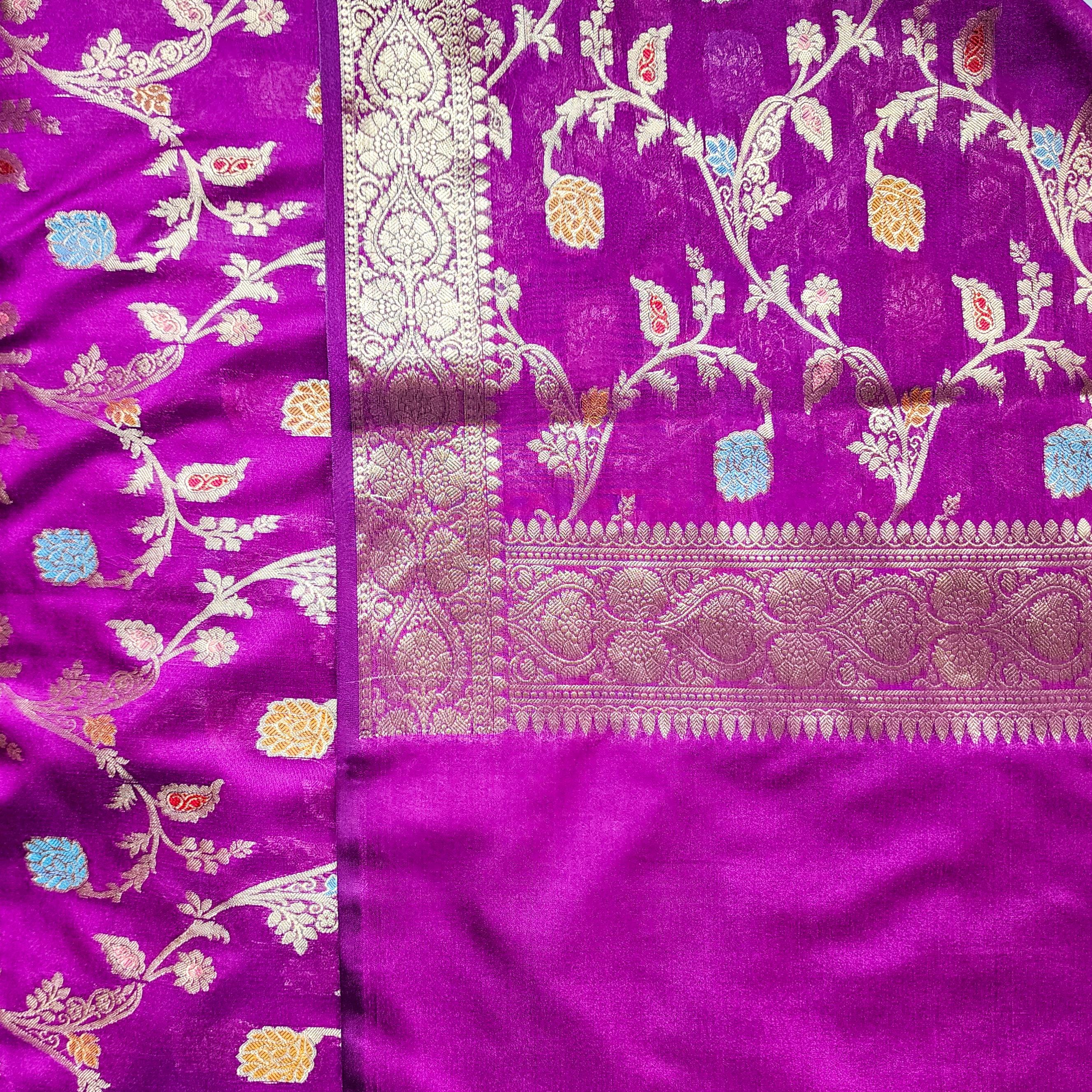 Purple Banarasi Silk Dupatta with Gold Zari Border & Multicolor Meenakari Work
