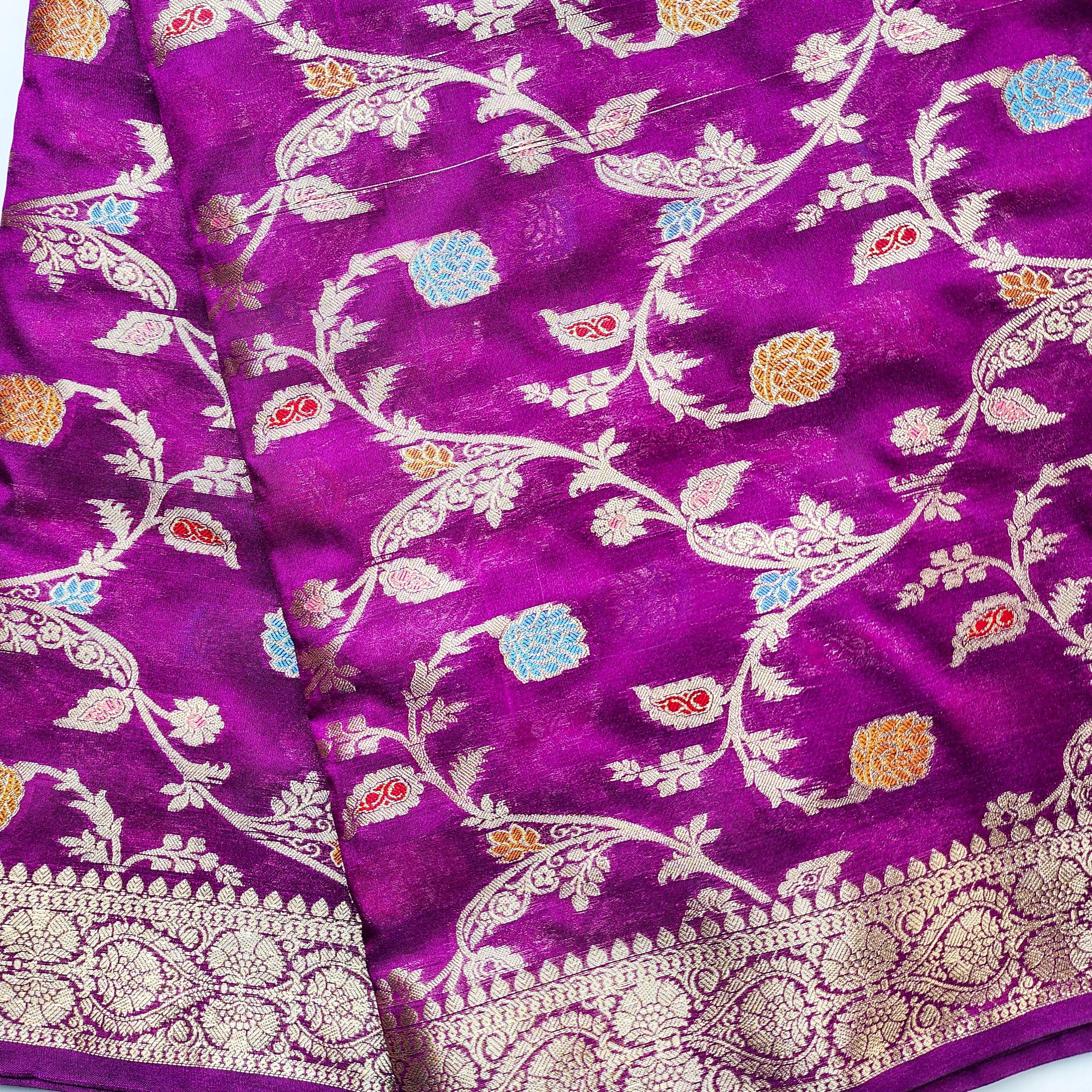 Purple Banarasi Silk Dupatta with Gold Zari Border & Multicolor Meenakari Work