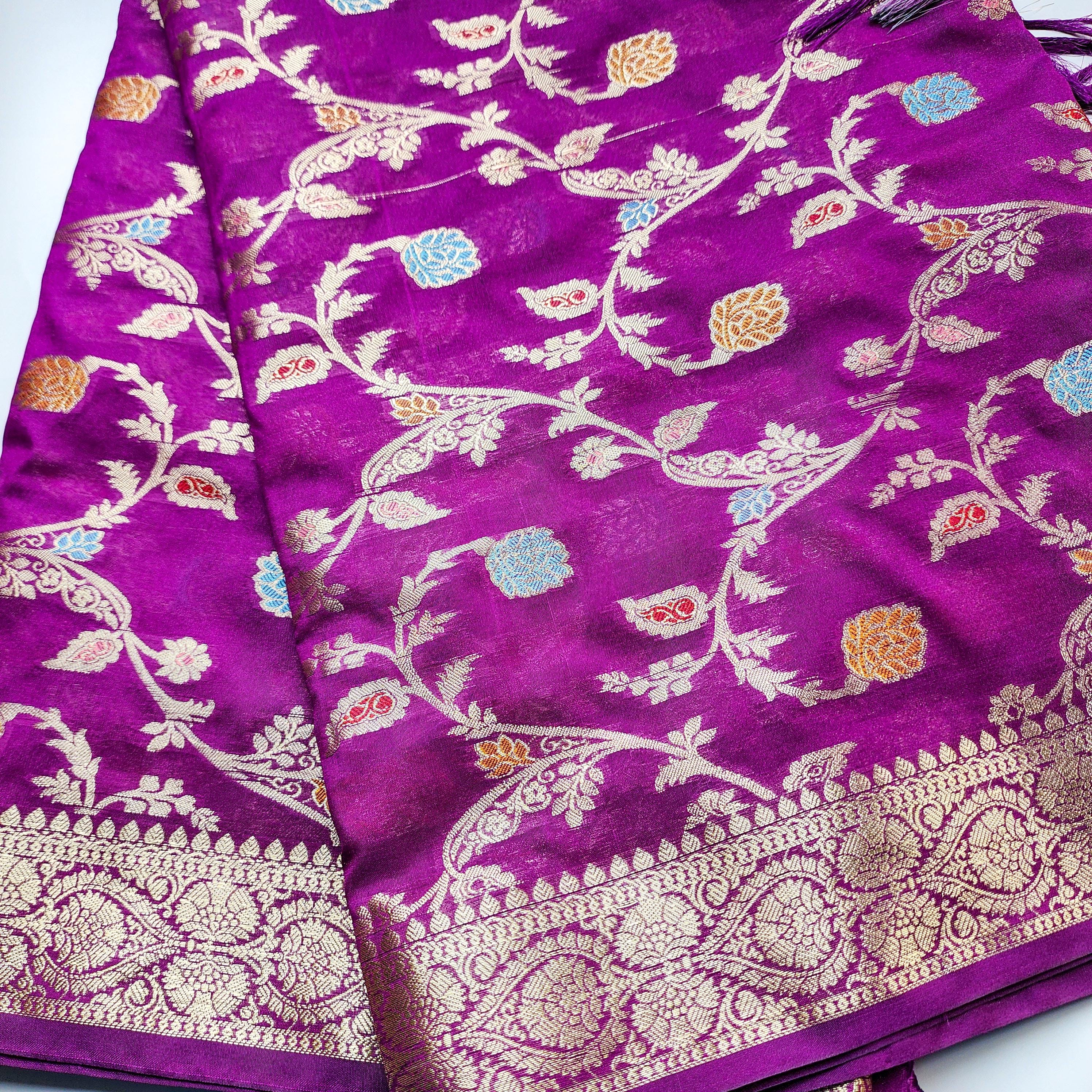 Purple Banarasi Silk Dupatta with Gold Zari Border & Multicolor Meenakari Work