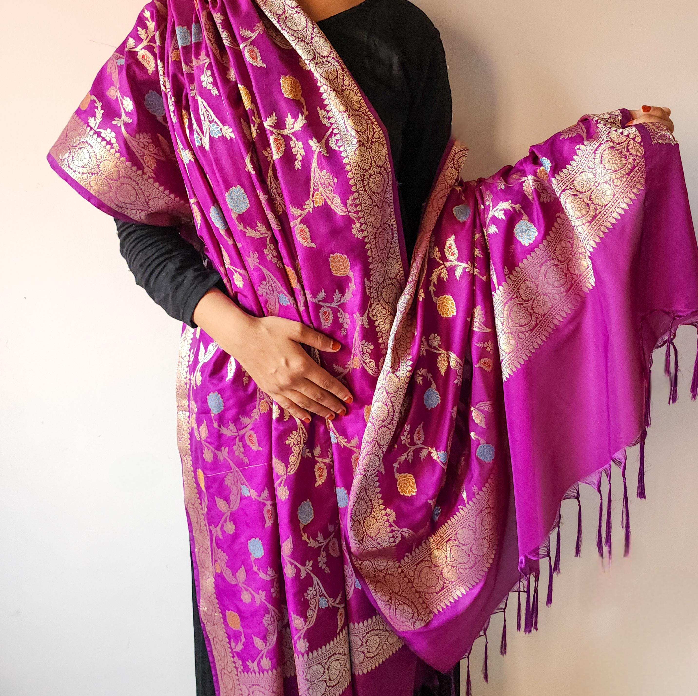 Purple Banarasi Silk Dupatta with Gold Zari Border & Multicolor Meenakari Work