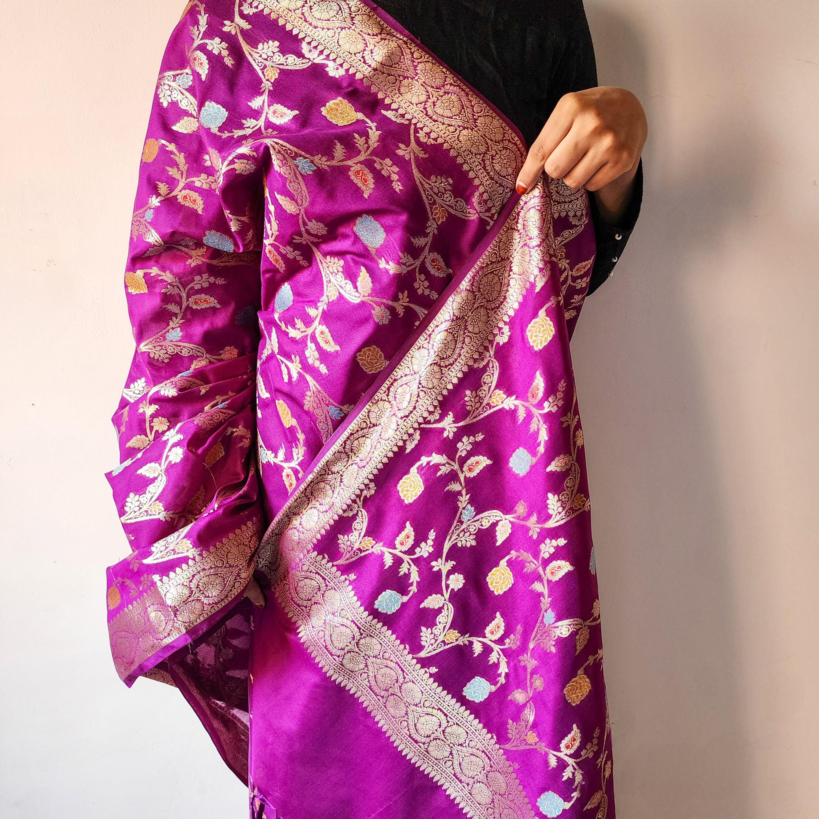 Purple Banarasi Silk Dupatta with Gold Zari Border & Multicolor Meenakari Work