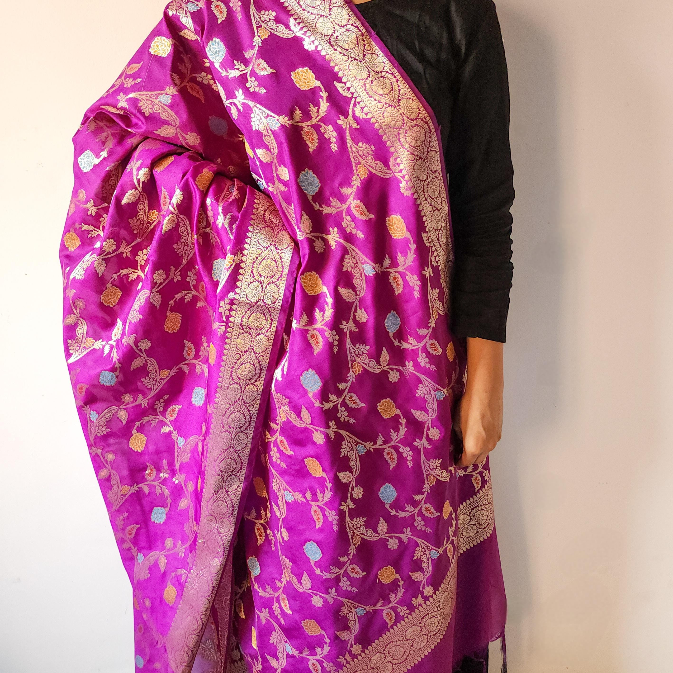 Purple Banarasi Silk Dupatta with Gold Zari Border & Multicolor Meenakari Work