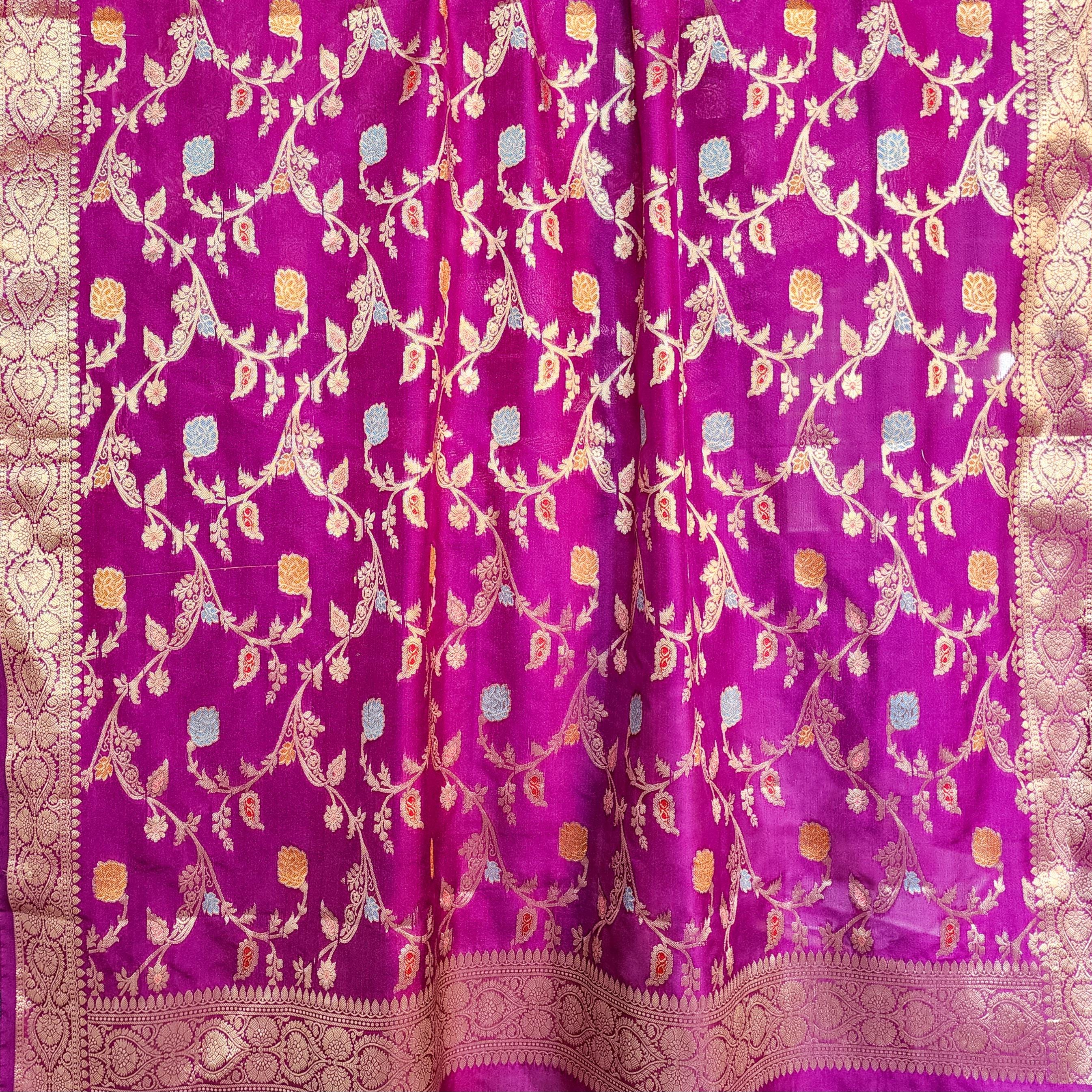 Purple Banarasi Silk Dupatta with Gold Zari Border & Multicolor Meenakari Work