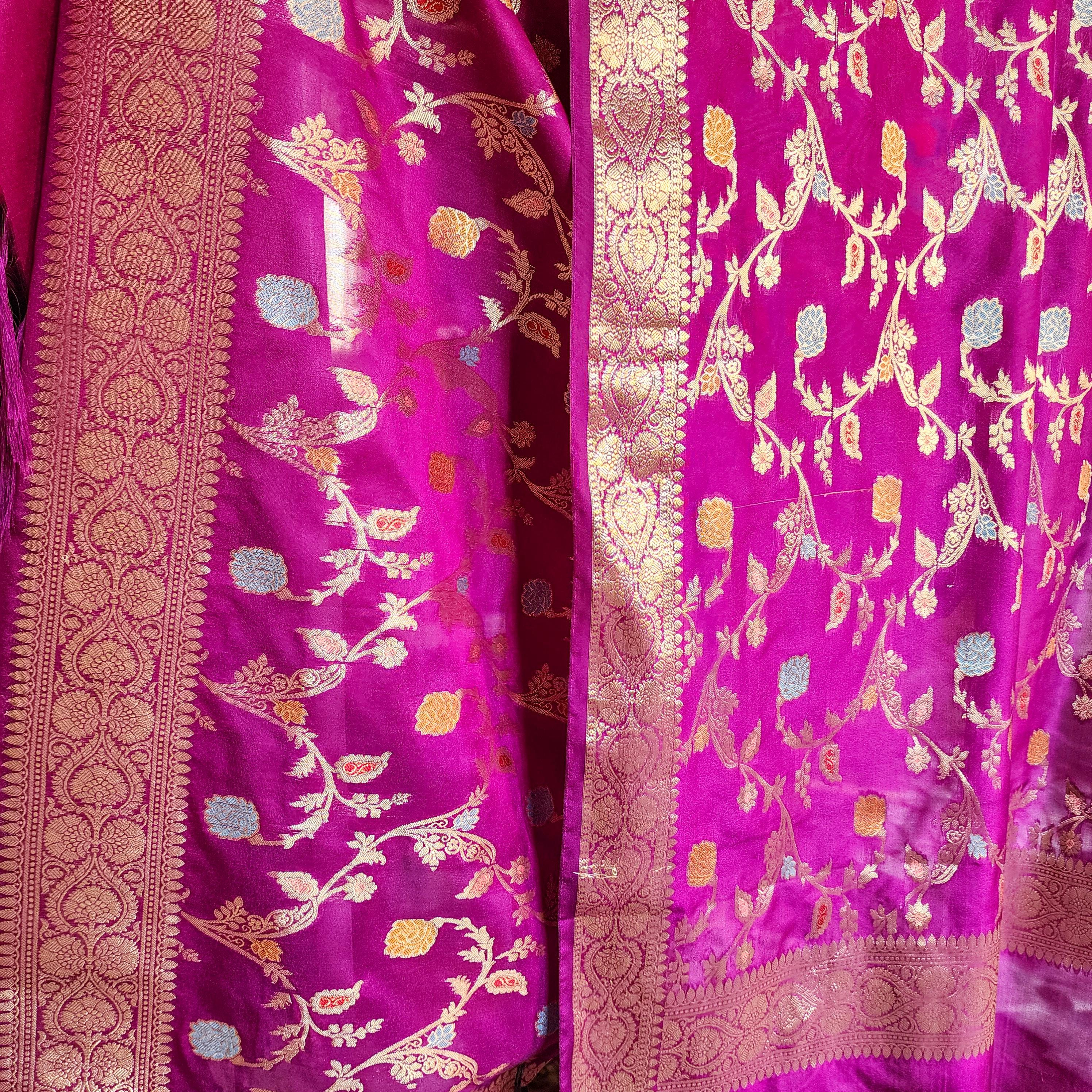Purple Banarasi Silk Dupatta with Gold Zari Border & Multicolor Meenakari Work