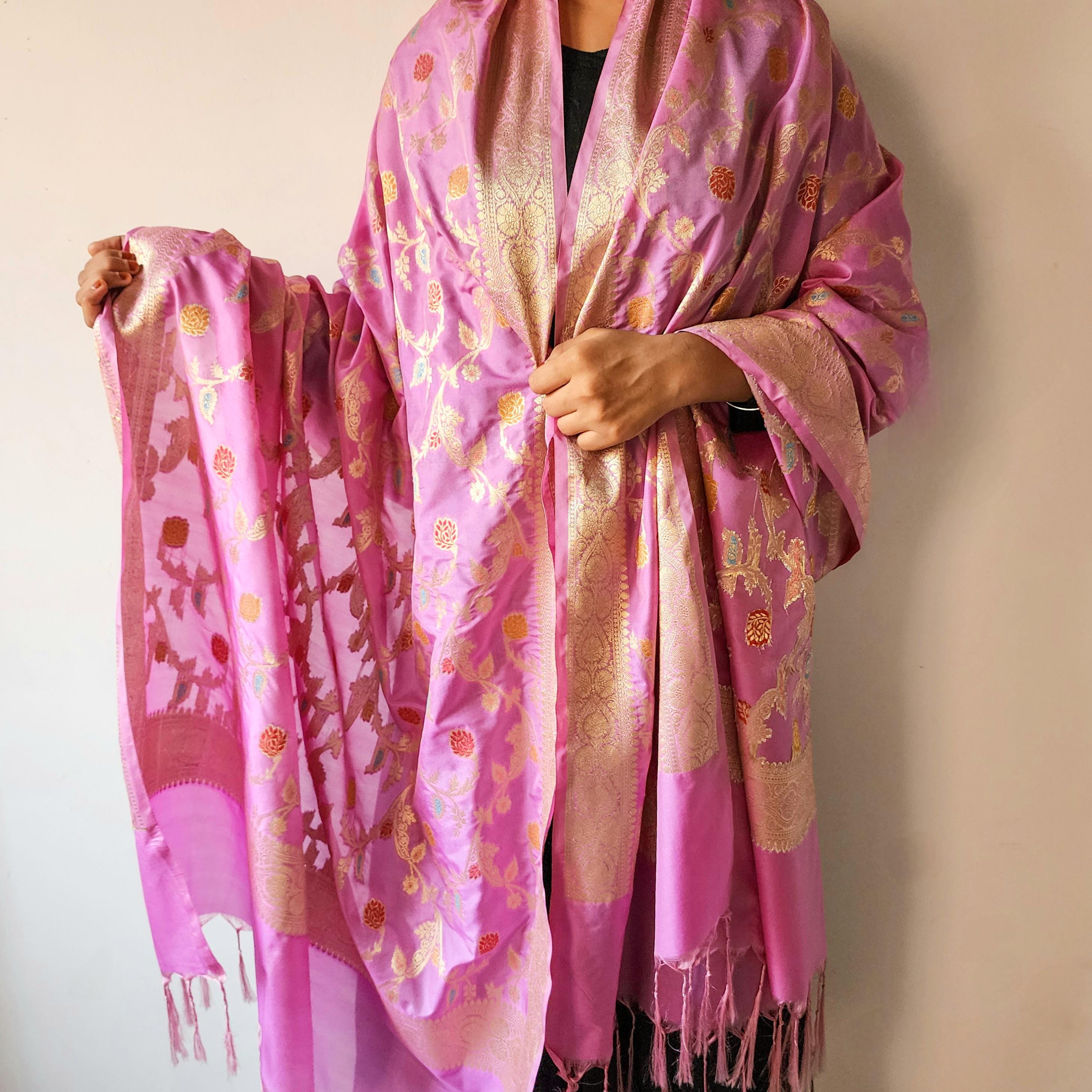 Lavender Banarasi Silk Dupatta with Intricate Multicolor Meenakari and Zari Weave