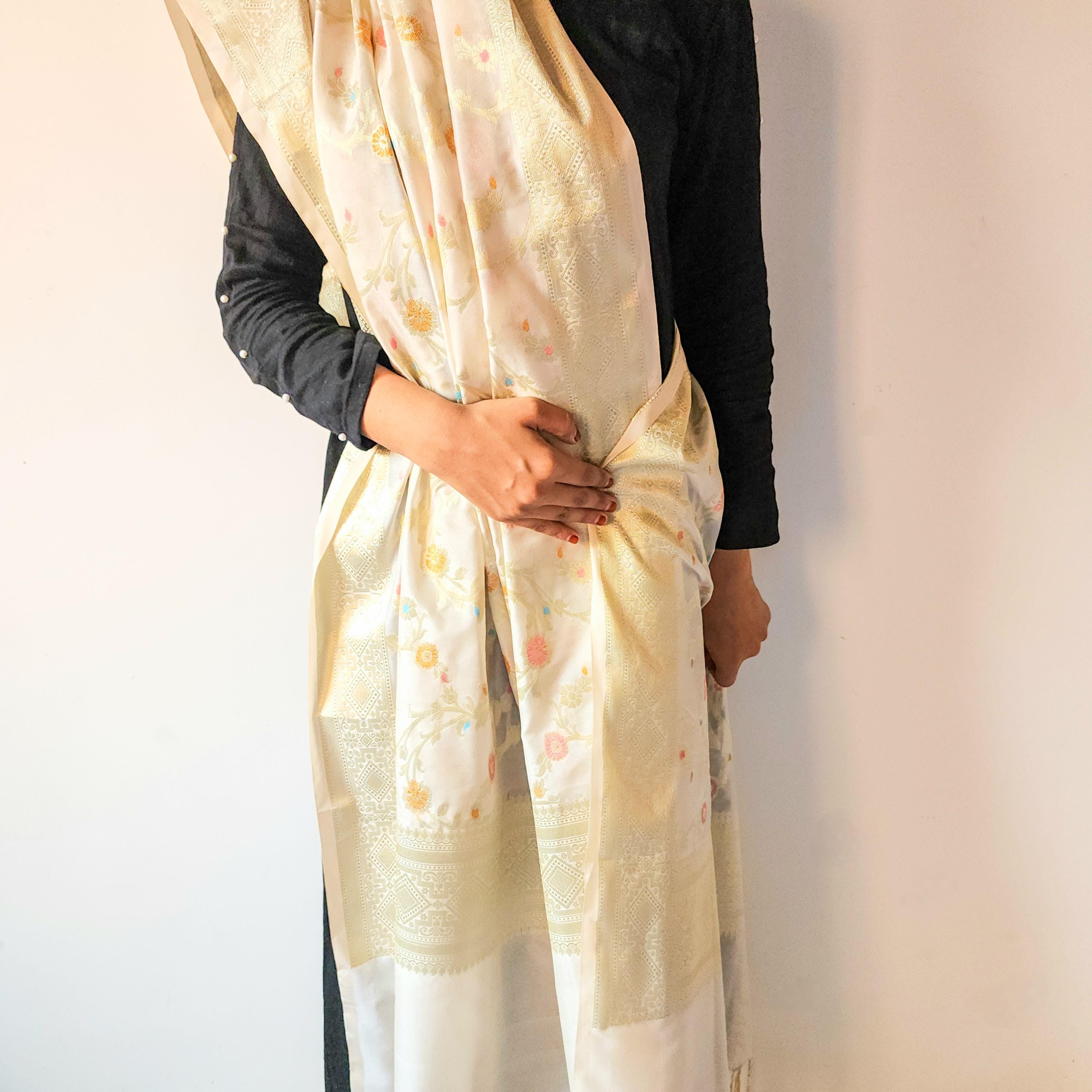 Cream Banarasi Silk Dupatta with Rich Gold Zari Border and Multicolor Meenakari