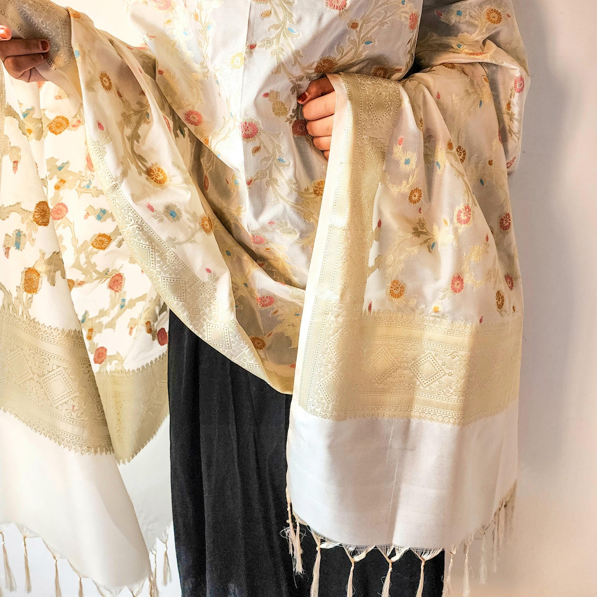 Cream Banarasi Silk Dupatta with Rich Gold Zari Border and Multicolor Meenakari