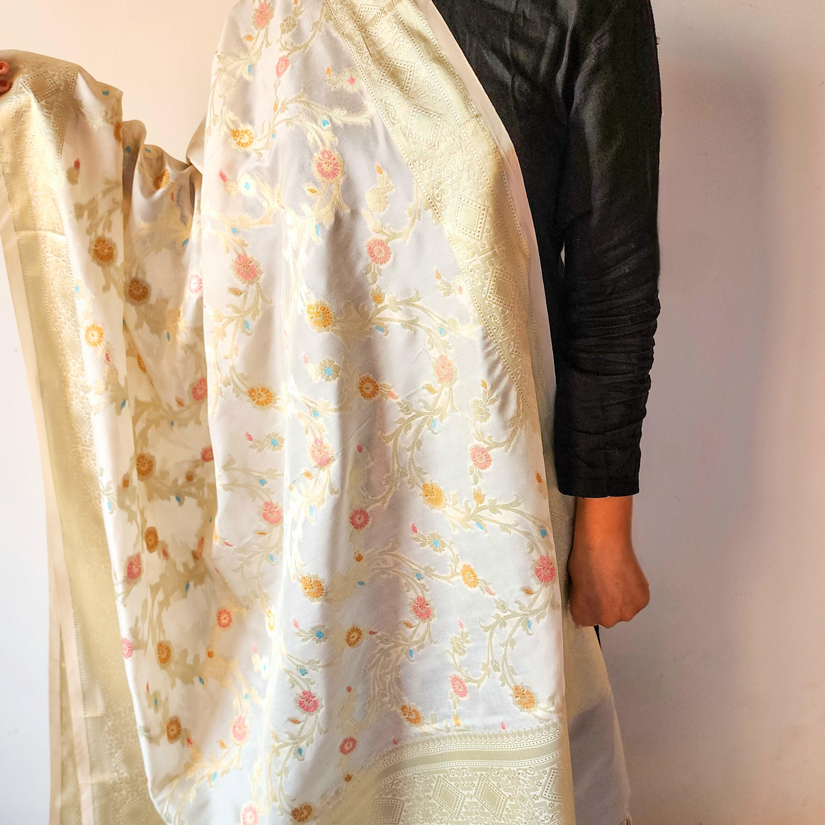 Cream Banarasi Silk Dupatta with Rich Gold Zari Border and Multicolor Meenakari