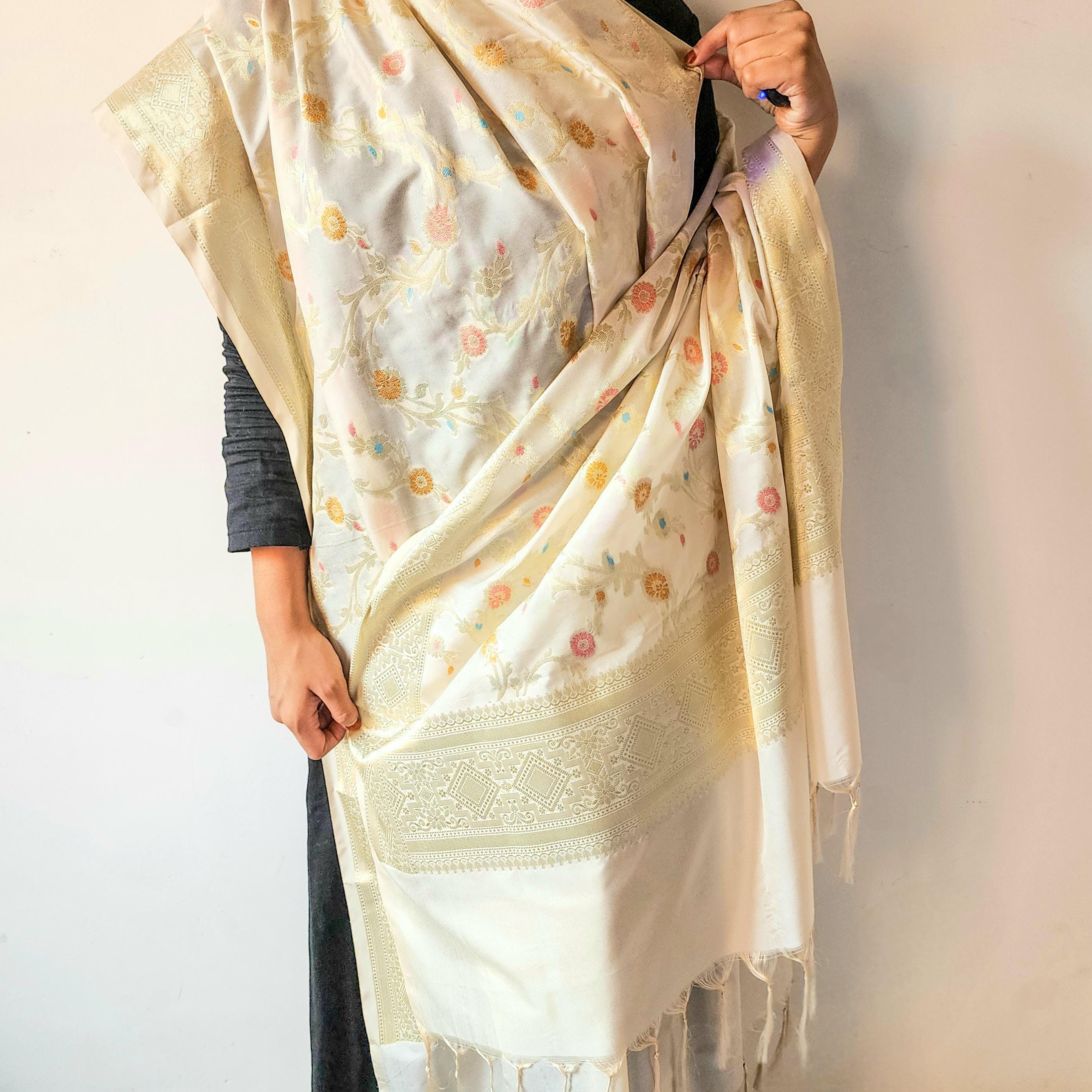 Cream Banarasi Silk Dupatta with Rich Gold Zari Border and Multicolor Meenakari