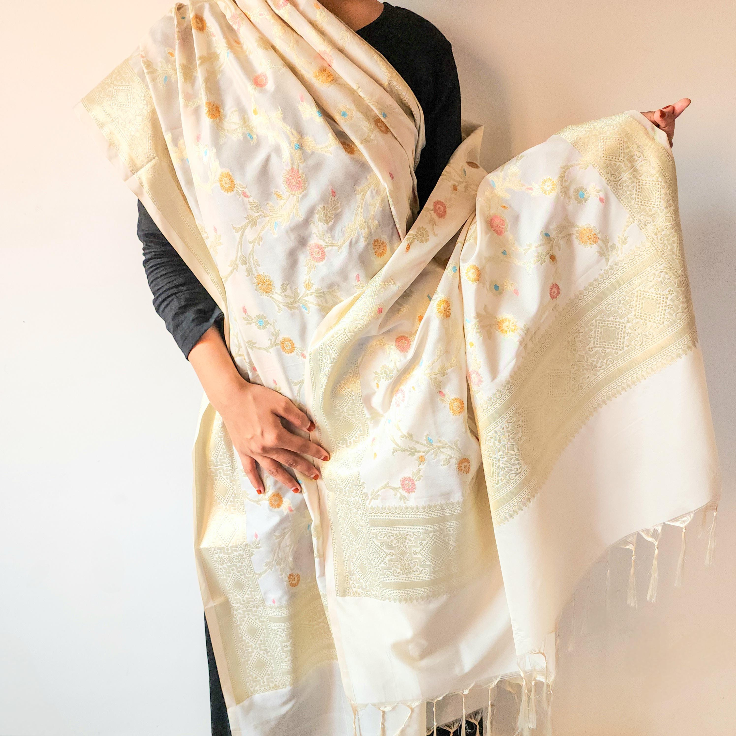 Cream Banarasi Silk Dupatta with Rich Gold Zari Border and Multicolor Meenakari