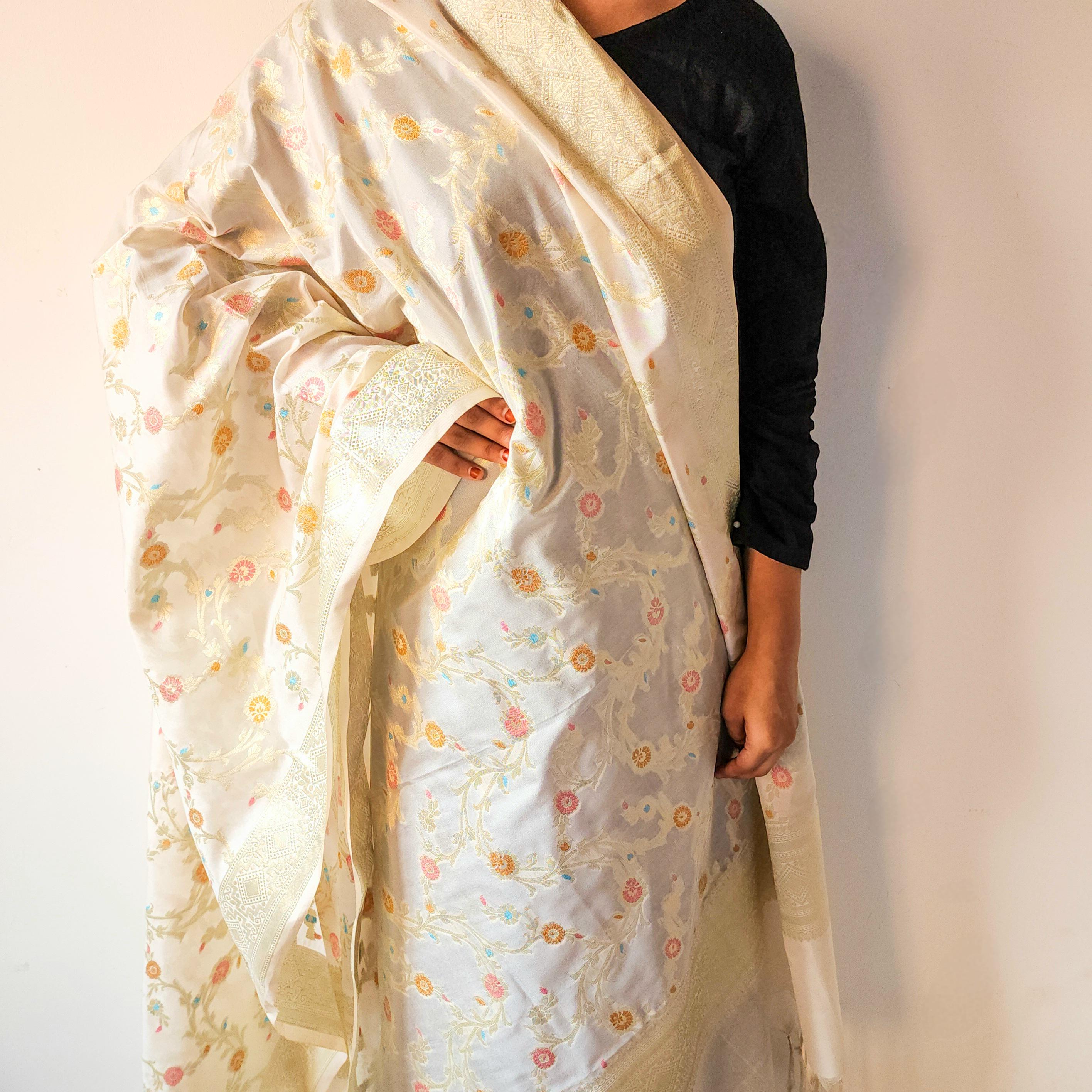 Cream Banarasi Silk Dupatta with Rich Gold Zari Border and Multicolor Meenakari