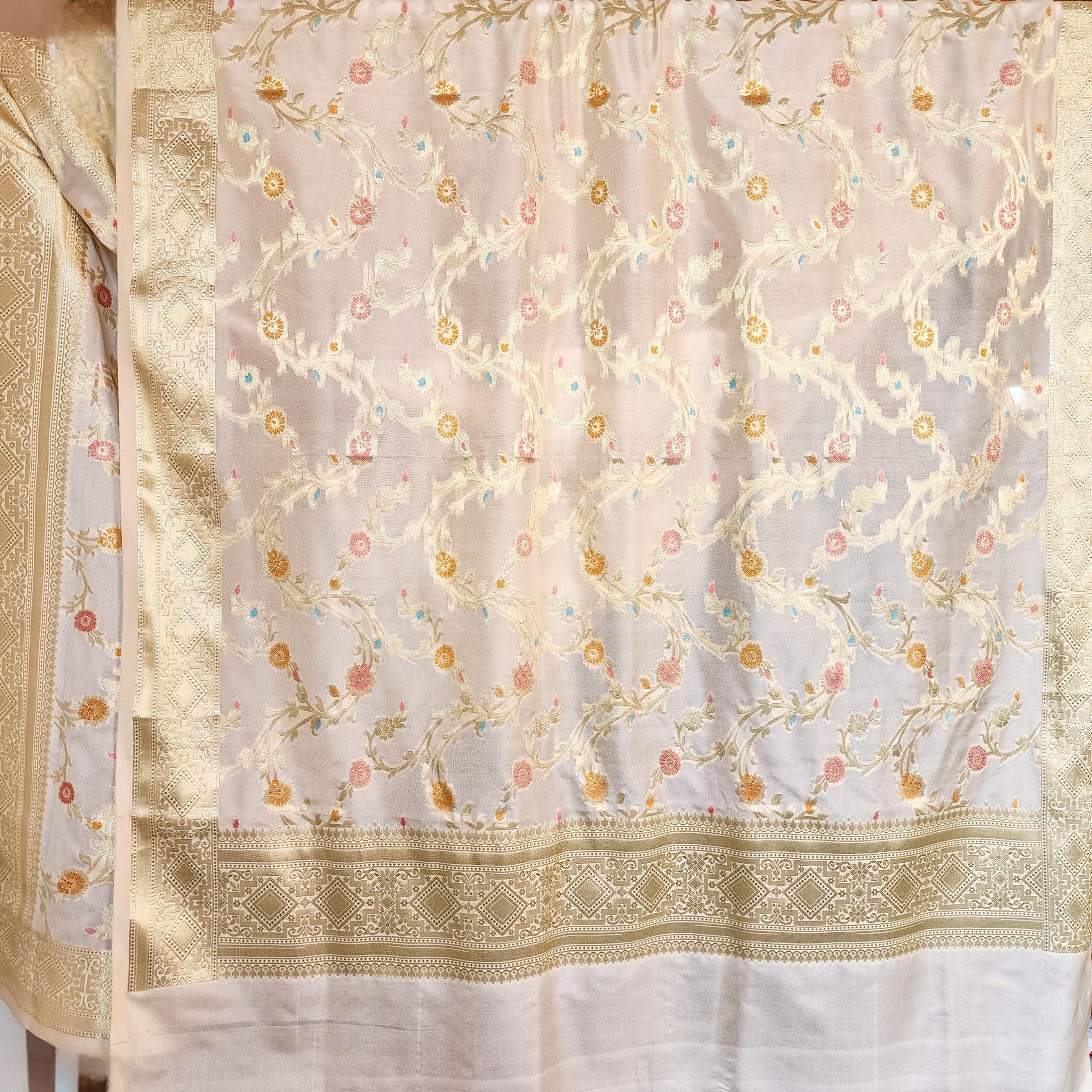 Cream Banarasi Silk Dupatta with Rich Gold Zari Border and Multicolor Meenakari