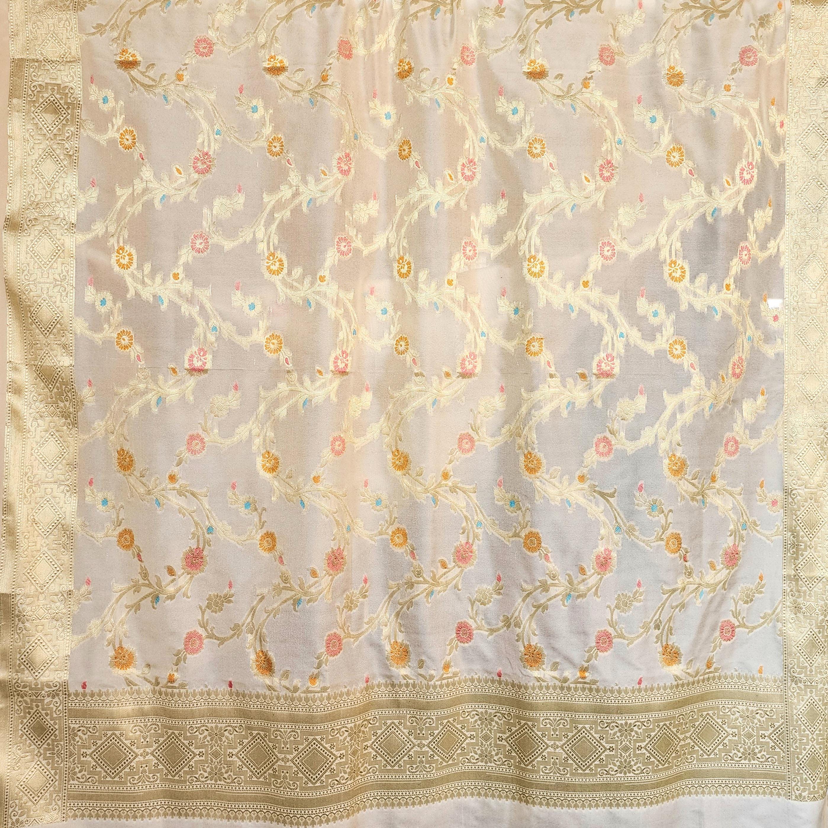 Cream Banarasi Silk Dupatta with Rich Gold Zari Border and Multicolor Meenakari