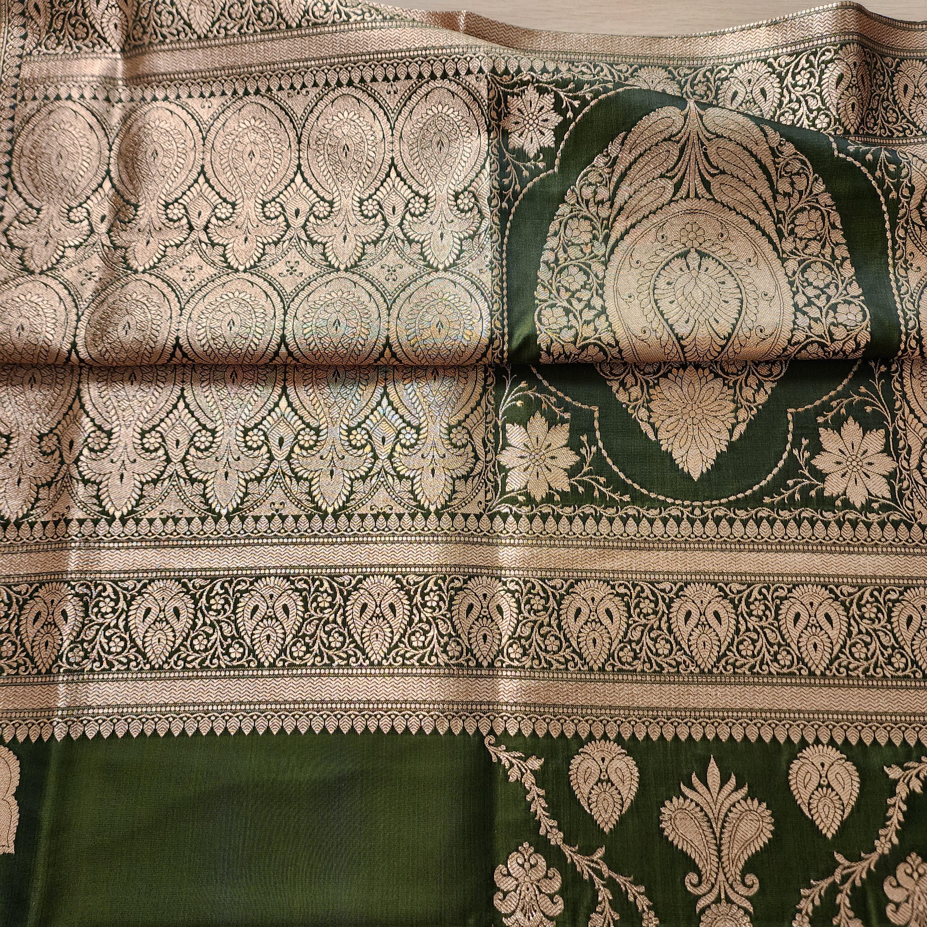 Rich Mehendi Green Pure Banarasi Katan Silk Saree with light Gold Zari Weaving