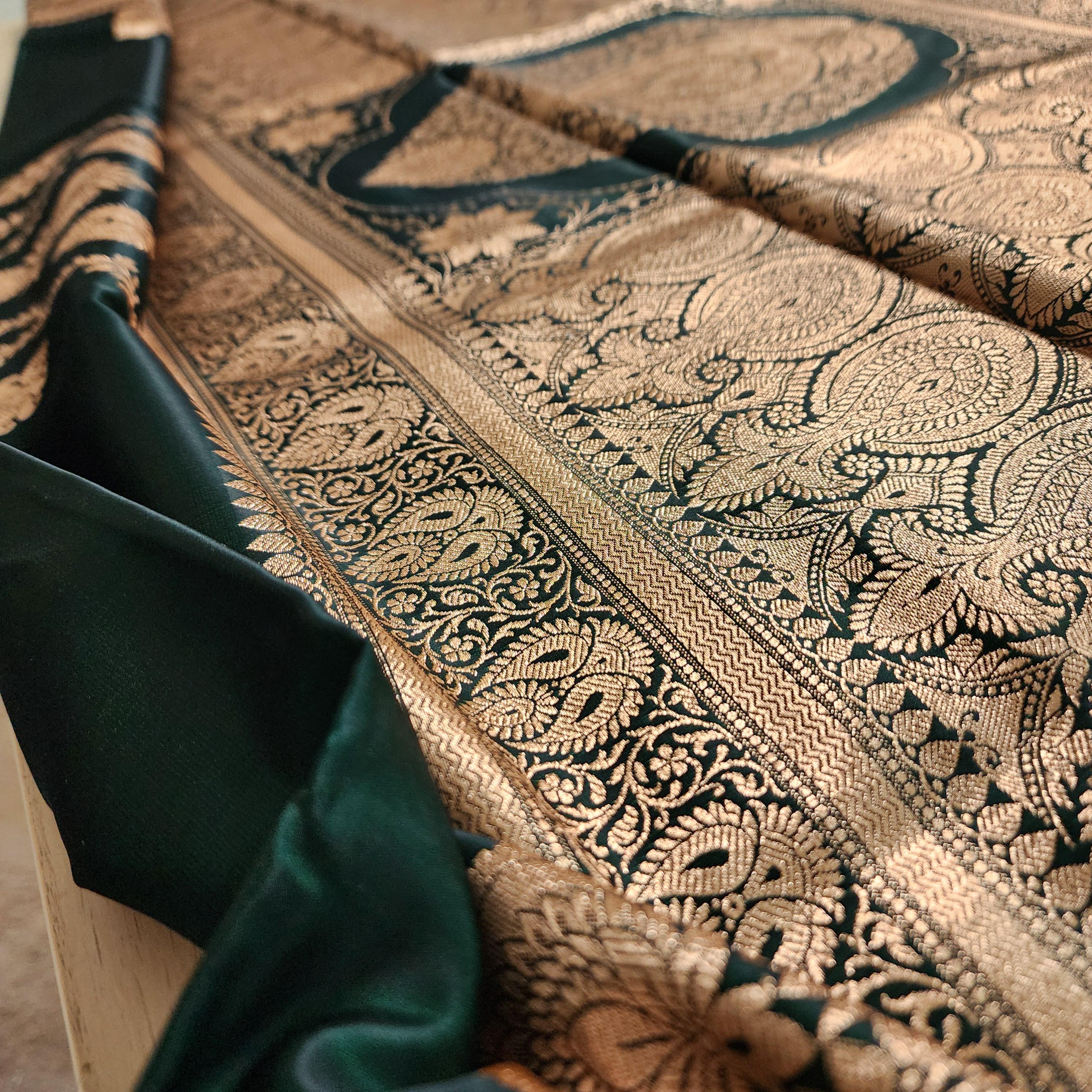 Rich Bottle Green Pure Banarasi Katan Silk Saree with light Gold Zari Weaving