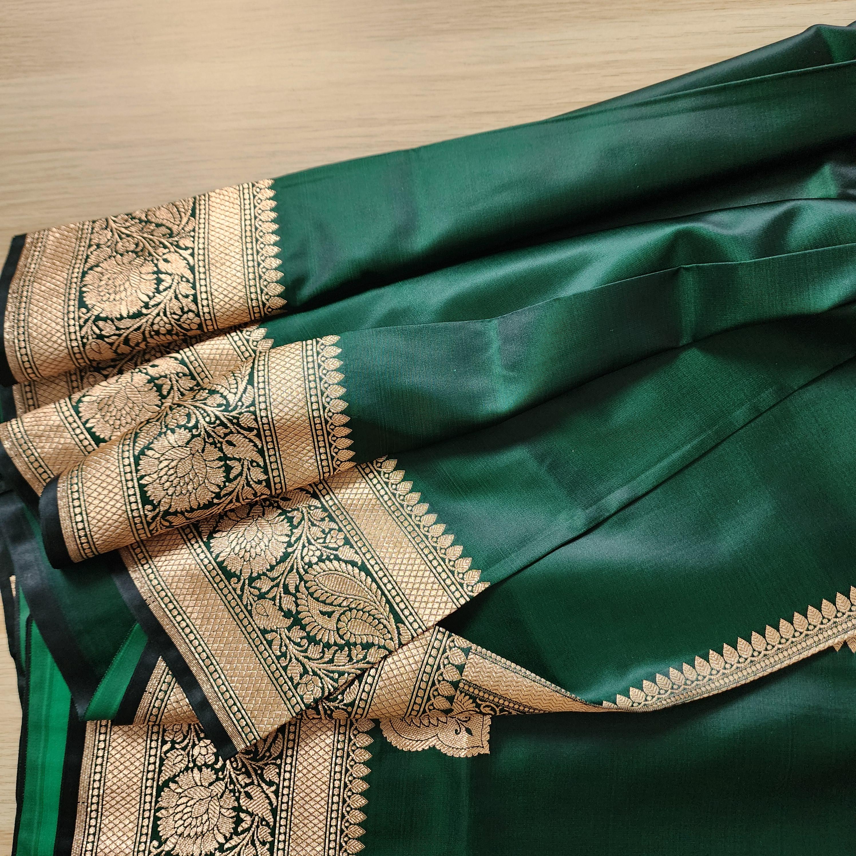 Rich Bottle Green Pure Banarasi Katan Silk Saree with light Gold Zari Weaving