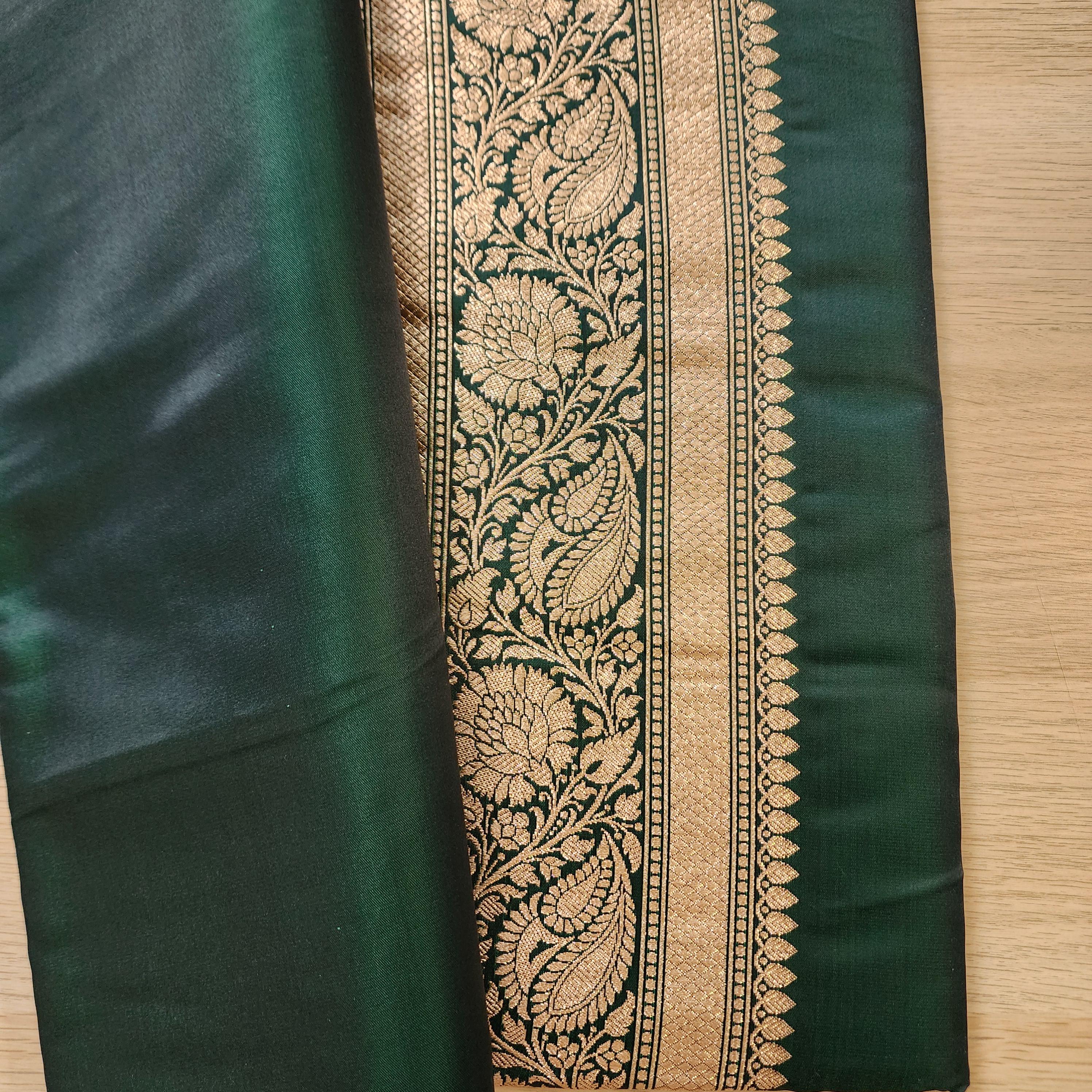 Rich Bottle Green Pure Banarasi Katan Silk Saree with light Gold Zari Weaving