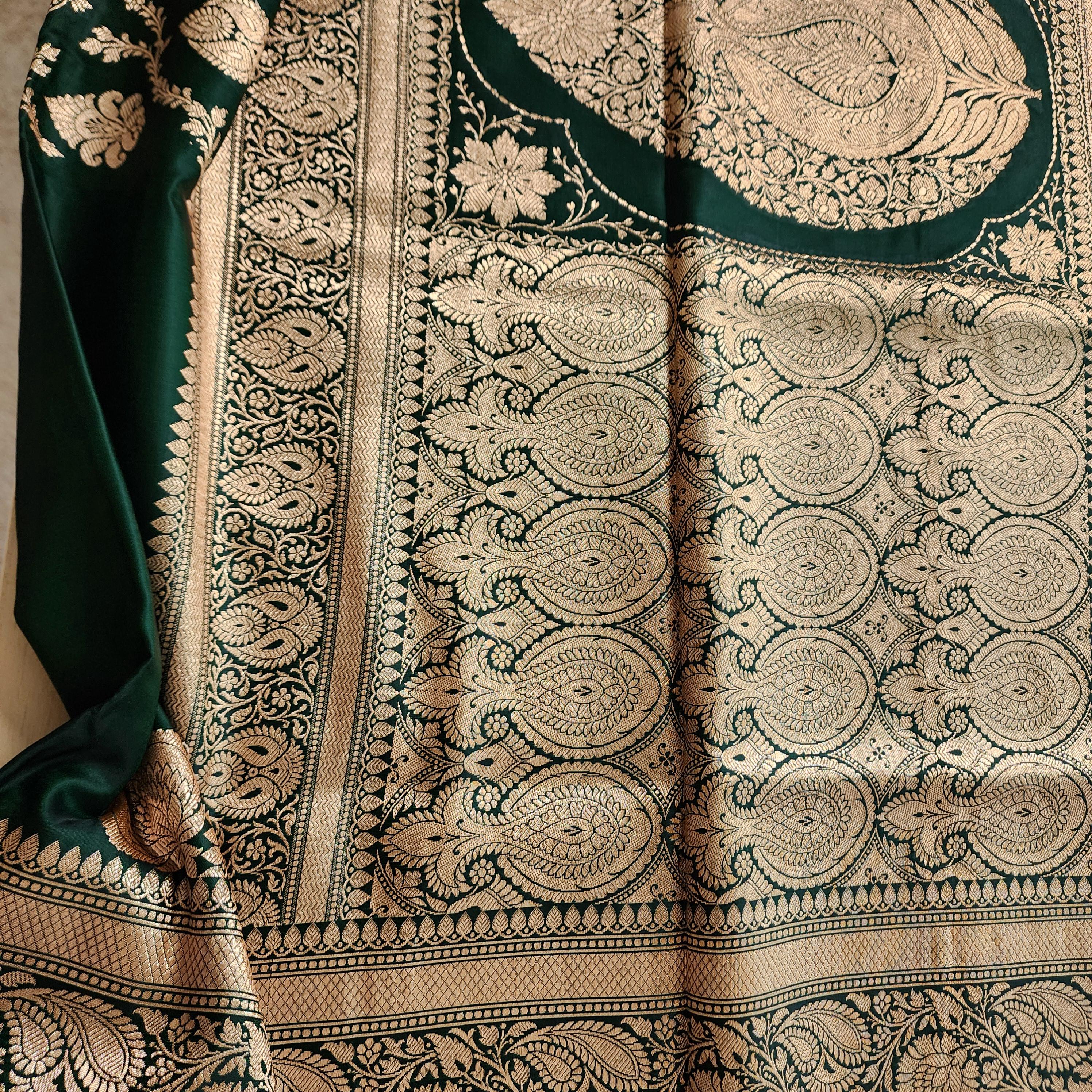 Rich Bottle Green Pure Banarasi Katan Silk Saree with light Gold Zari Weaving
