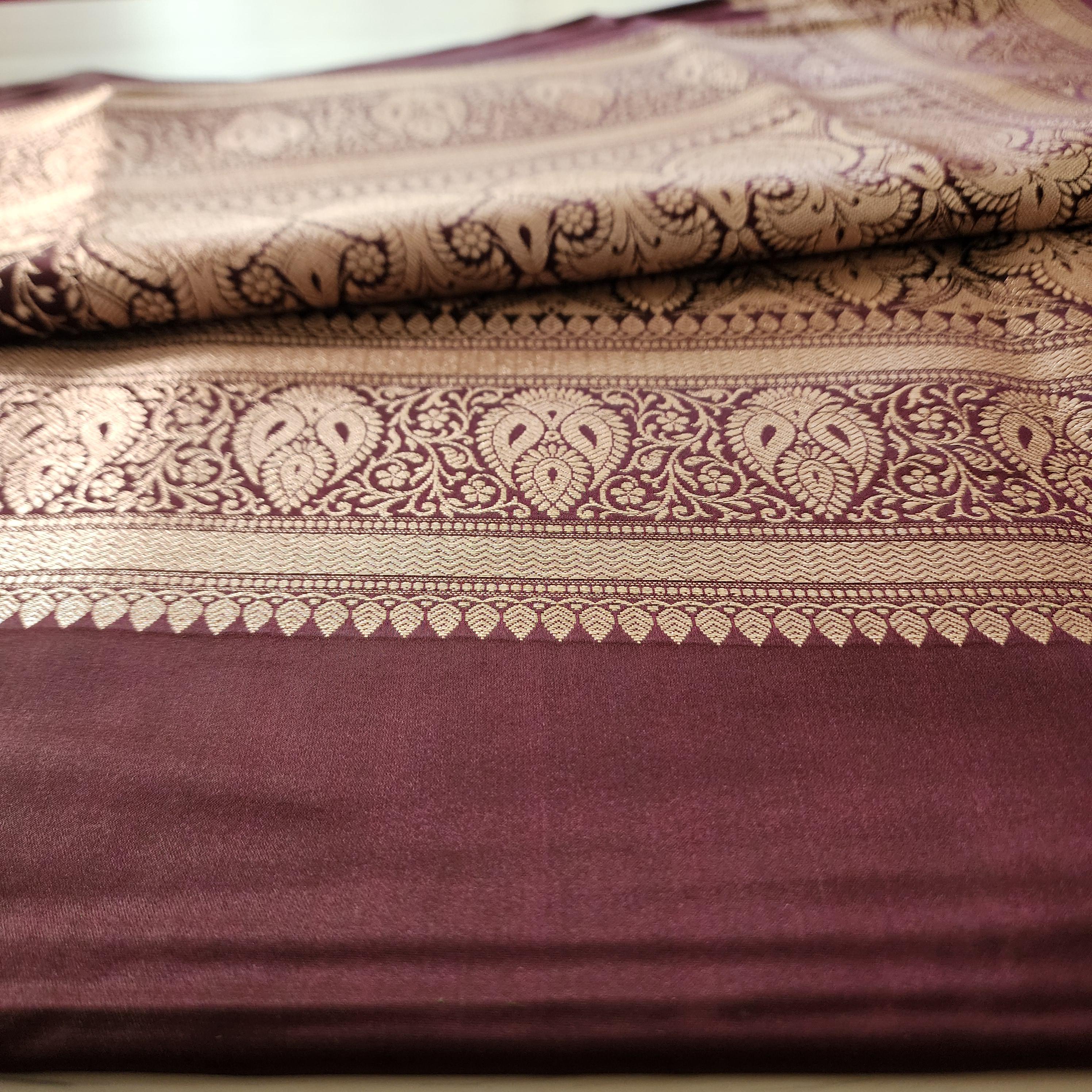 Rich Dark Maroon Pure Banarasi Katan Silk Saree with light Gold Zari Weaving