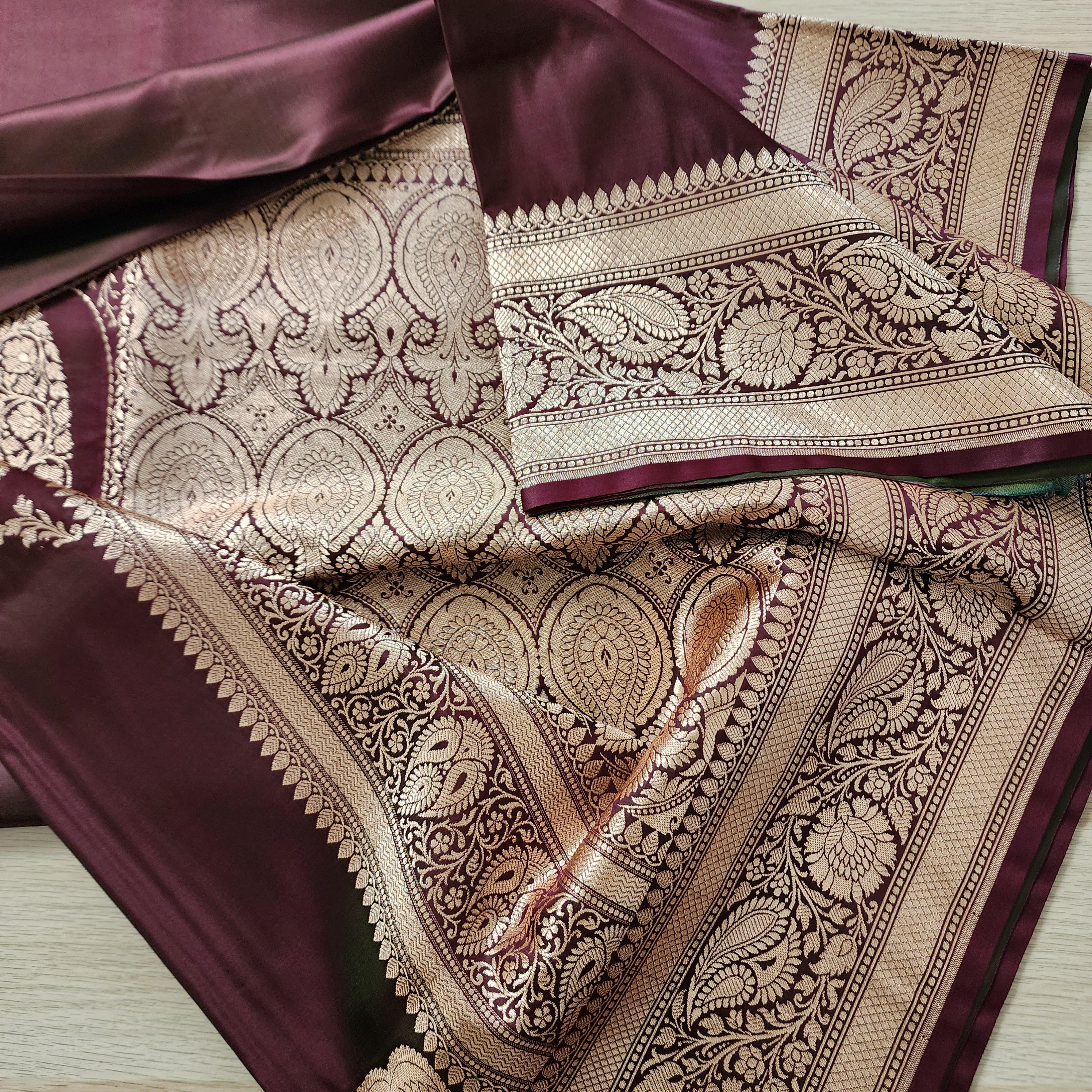 Rich Dark Maroon Pure Banarasi Katan Silk Saree with light Gold Zari Weaving