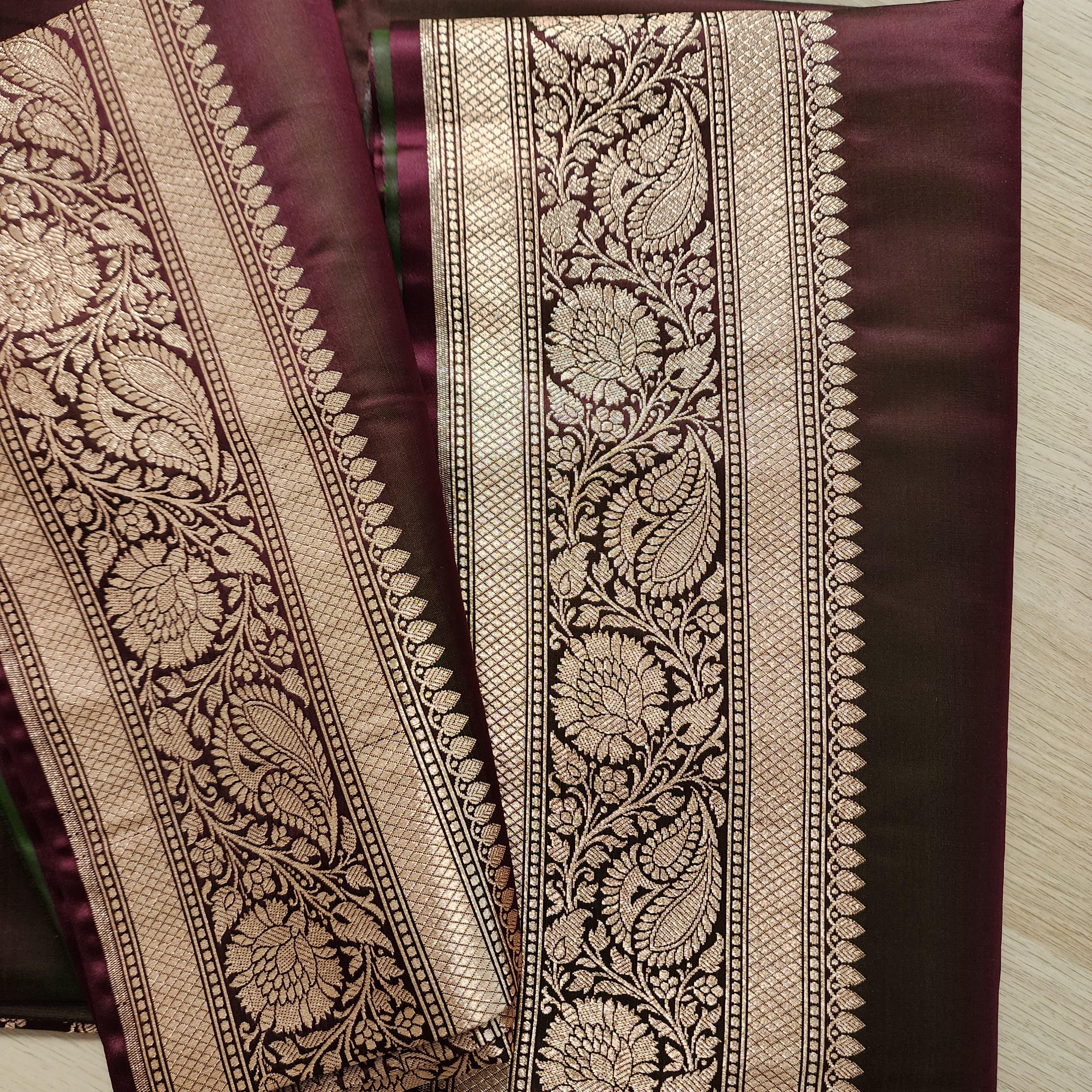 Rich Dark Maroon Pure Banarasi Katan Silk Saree with light Gold Zari Weaving