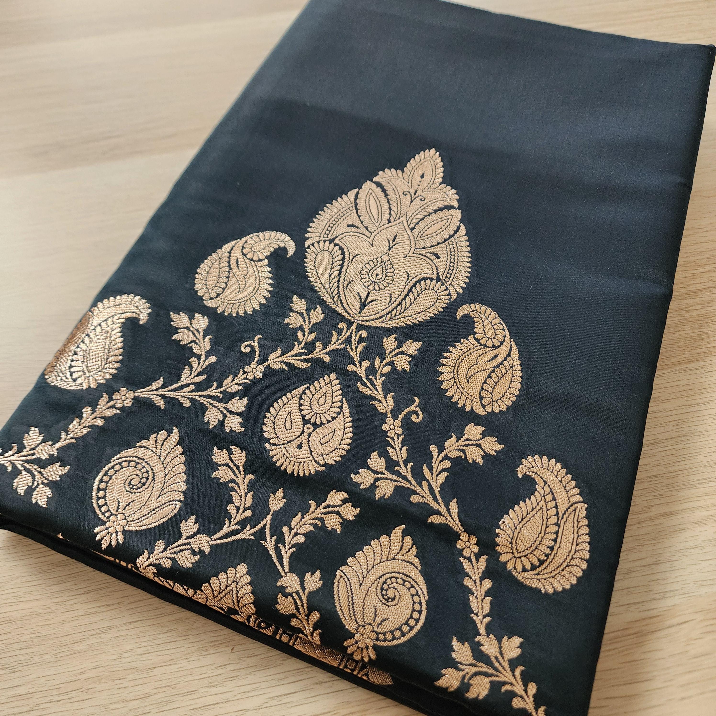 Rich Black Pure Banarasi Katan Silk Saree with light Gold Zari Weaving