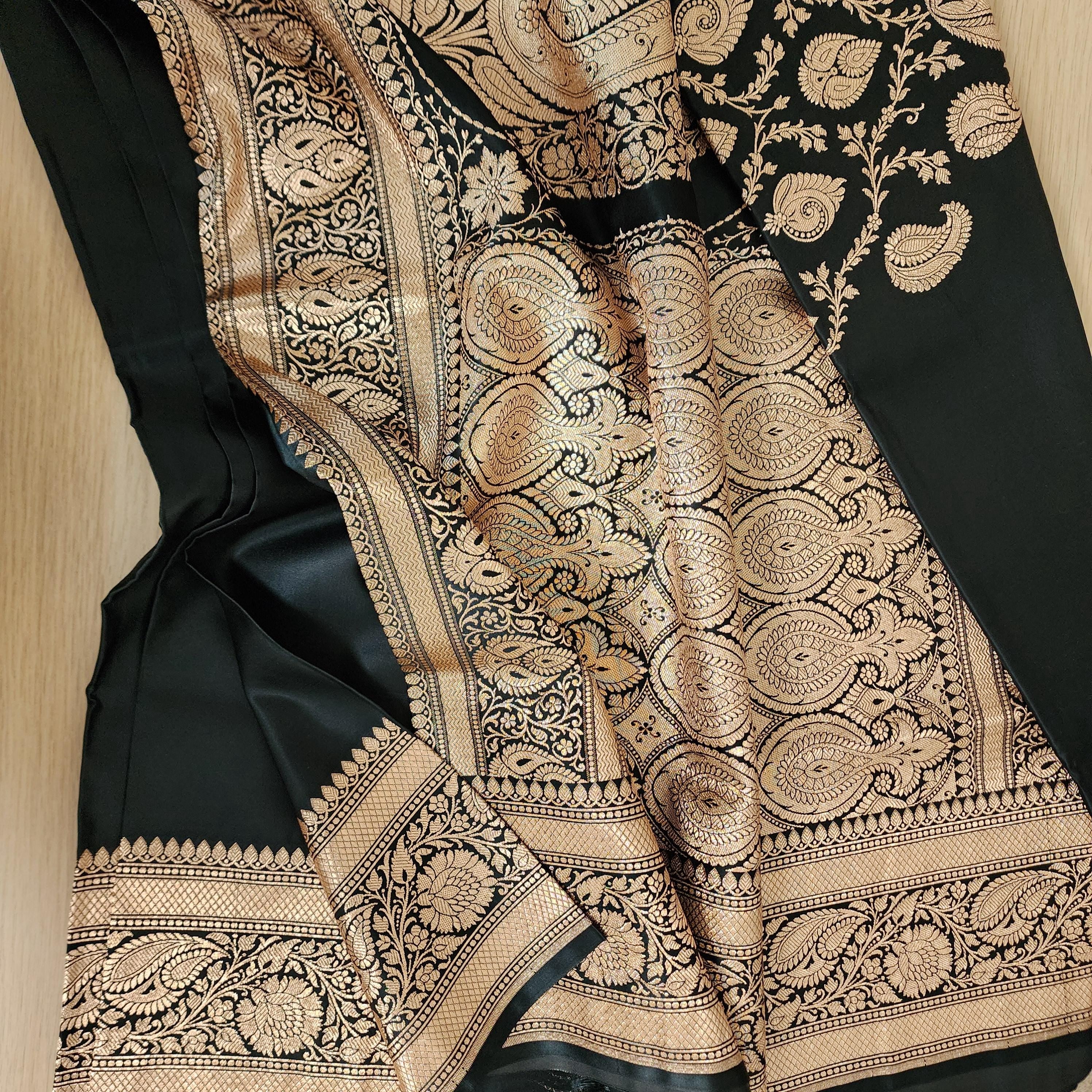 Rich Black Pure Banarasi Katan Silk Saree with light Gold Zari Weaving