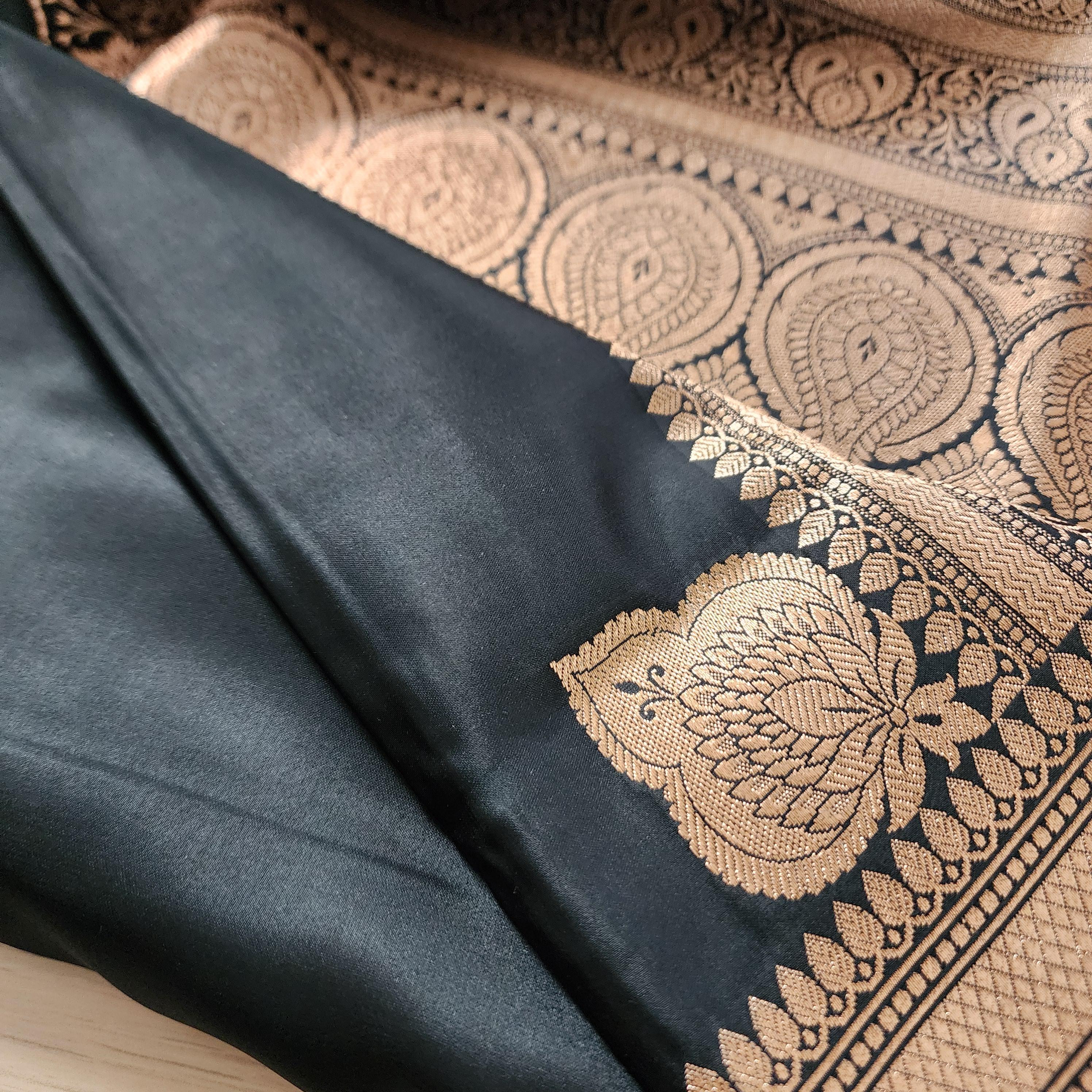 Rich Black Pure Banarasi Katan Silk Saree with light Gold Zari Weaving