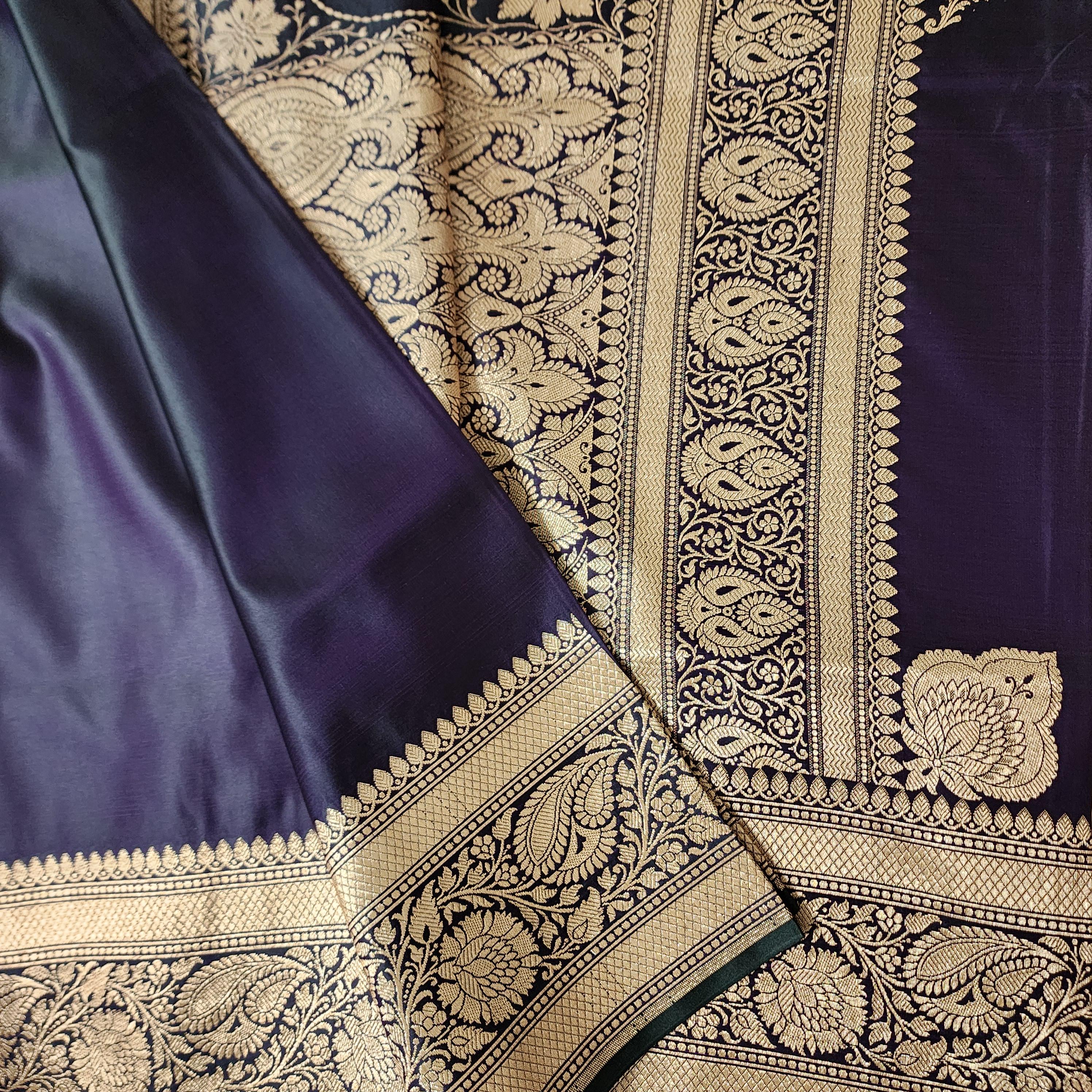 Rich Purple Pure Banarasi Katan Silk Saree with light Gold Zari Weaving