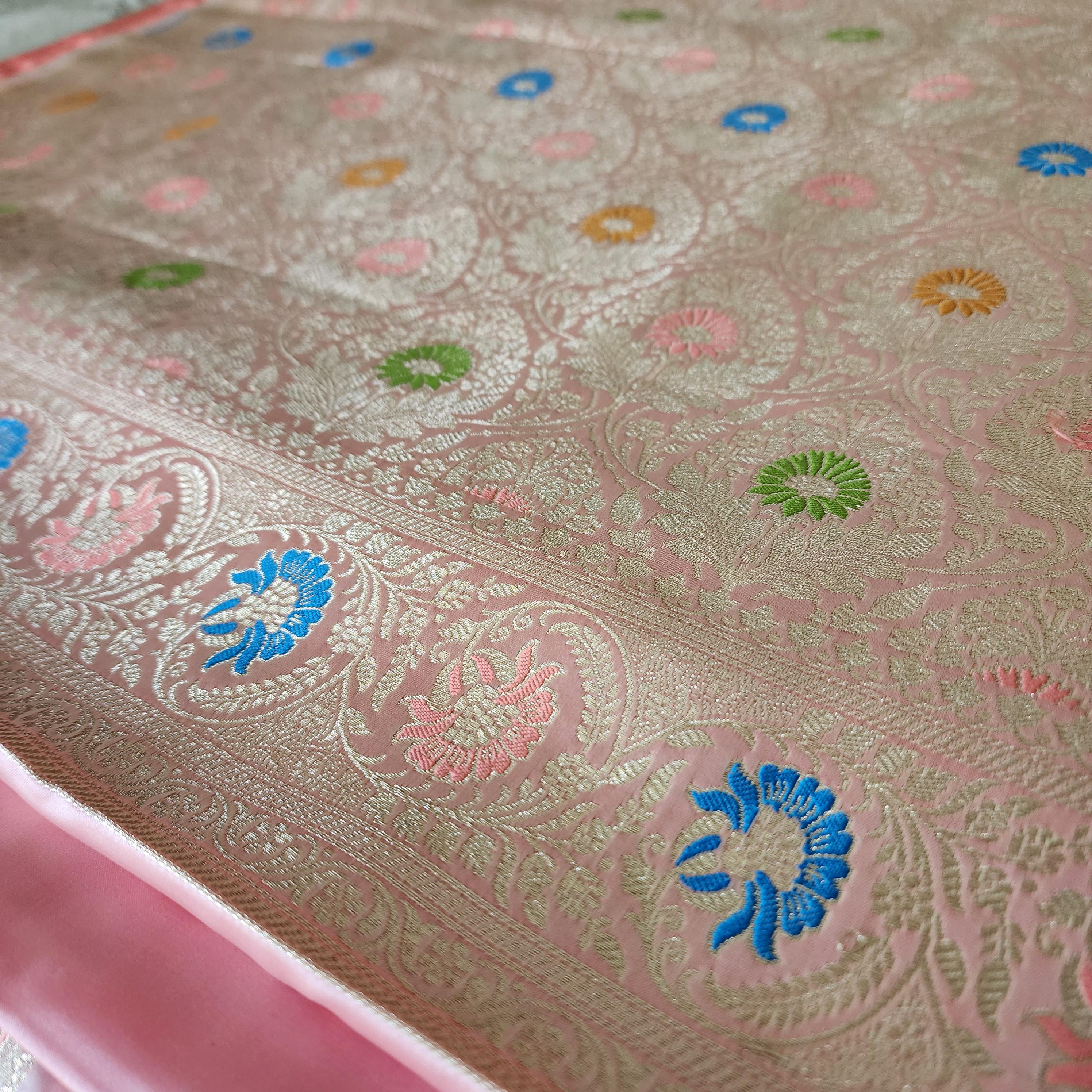 Royal Banarasi Katan Silk Saree | Blush Pink Multicolor Meenakari Floral Jaal