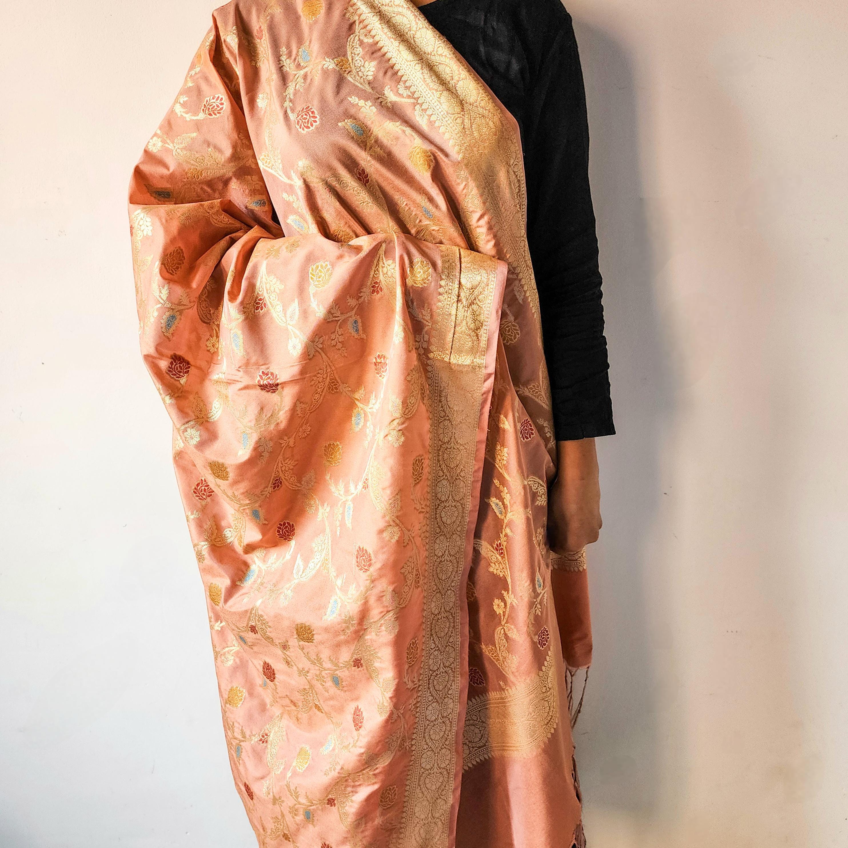 Peach Banarasi Silk Dupatta with Gold Zari Border and Multicolor Meenakari Design