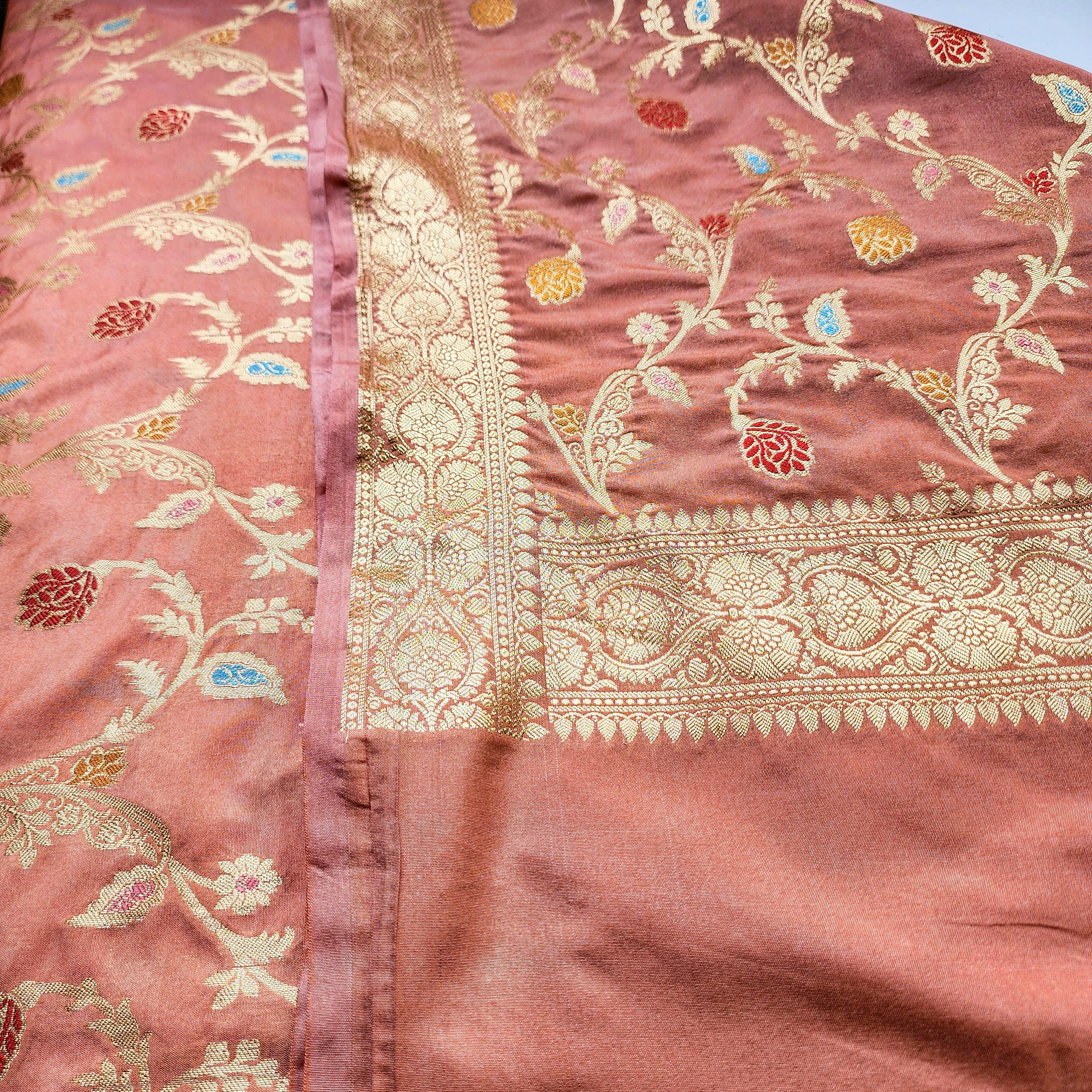 Peach Banarasi Silk Dupatta with Gold Zari Border and Multicolor Meenakari Design