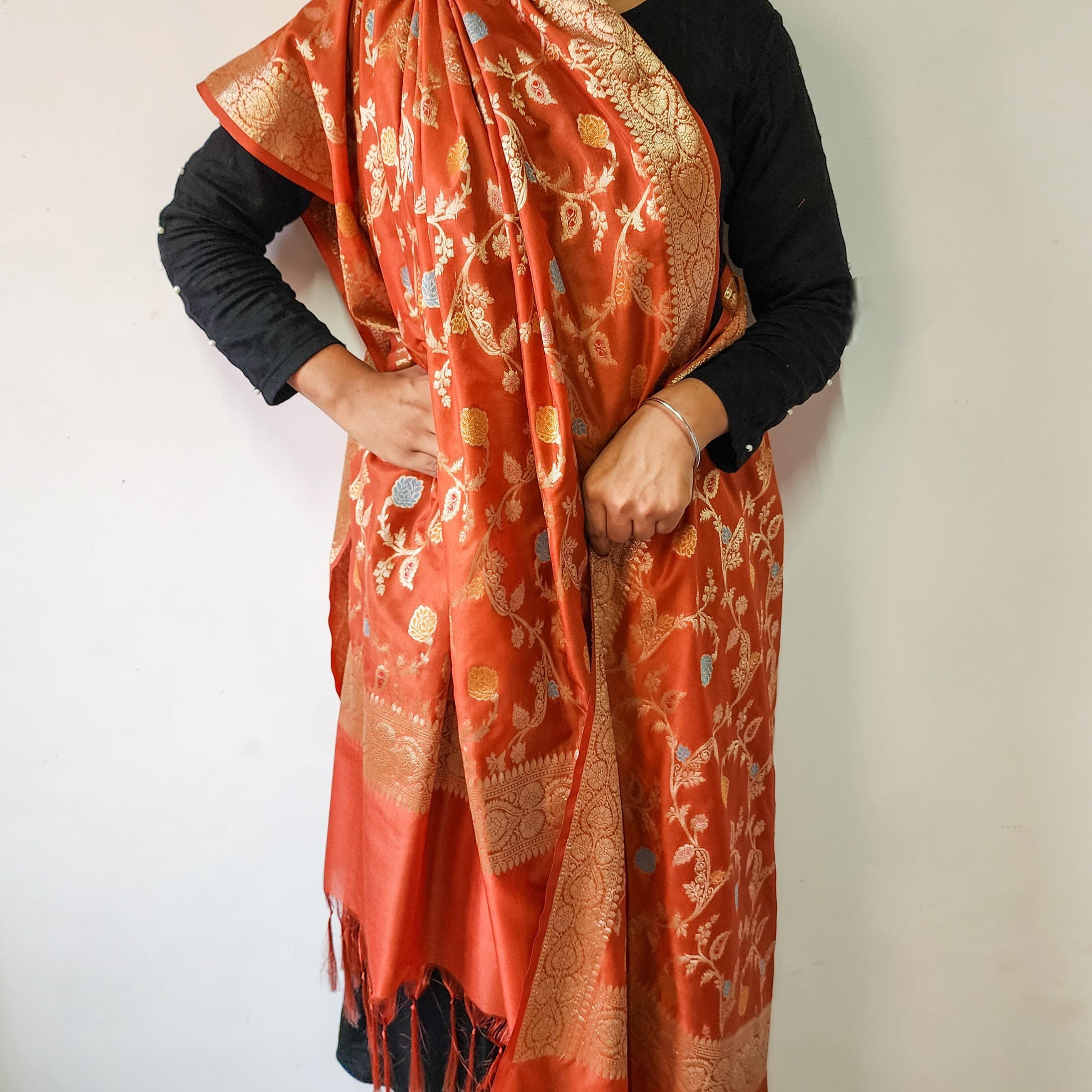 Rust Orange Banarasi Silk Dupatta with Gold Zari Border & Multicolor Meenakari Work