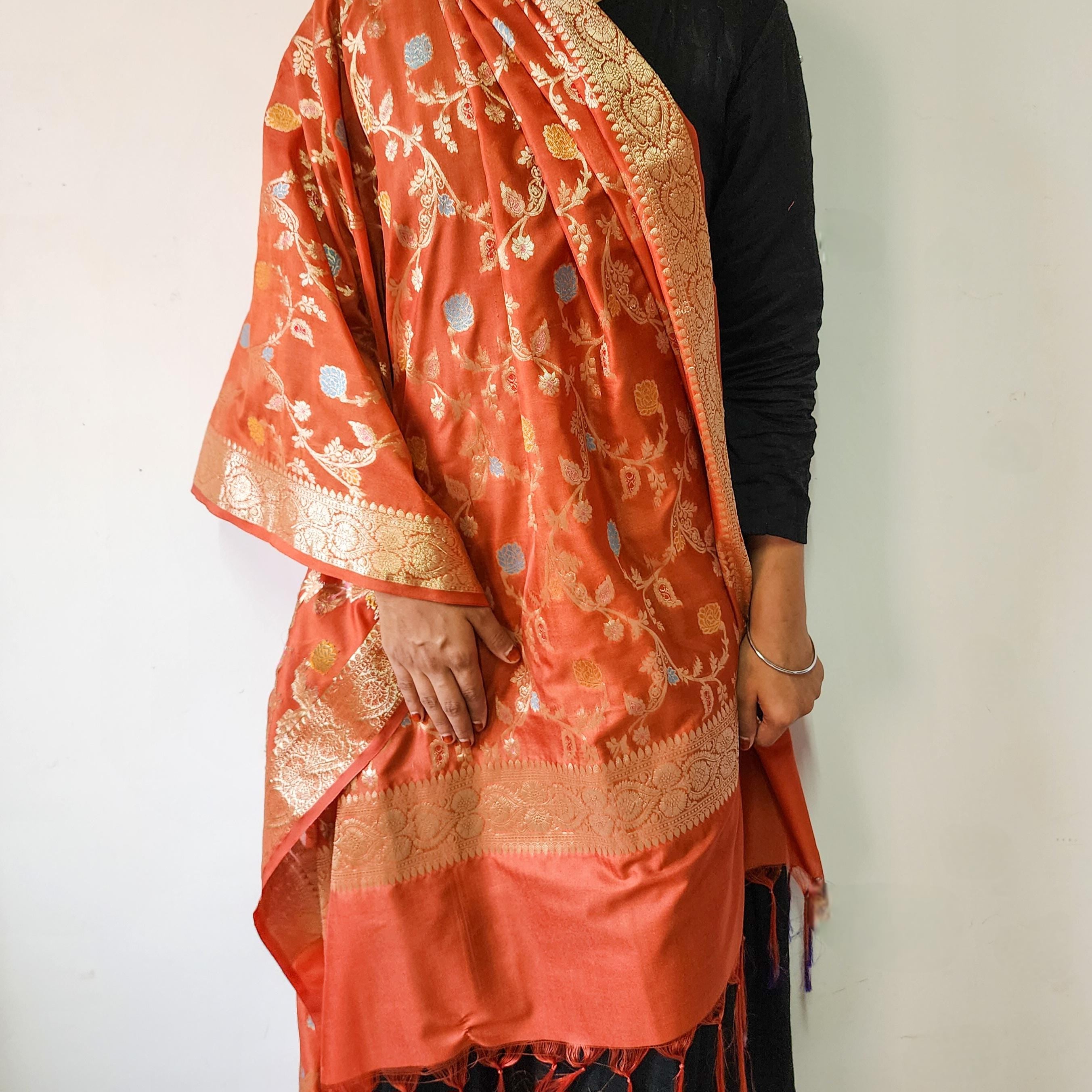 Rust Orange Banarasi Silk Dupatta with Gold Zari Border & Multicolor Meenakari Work