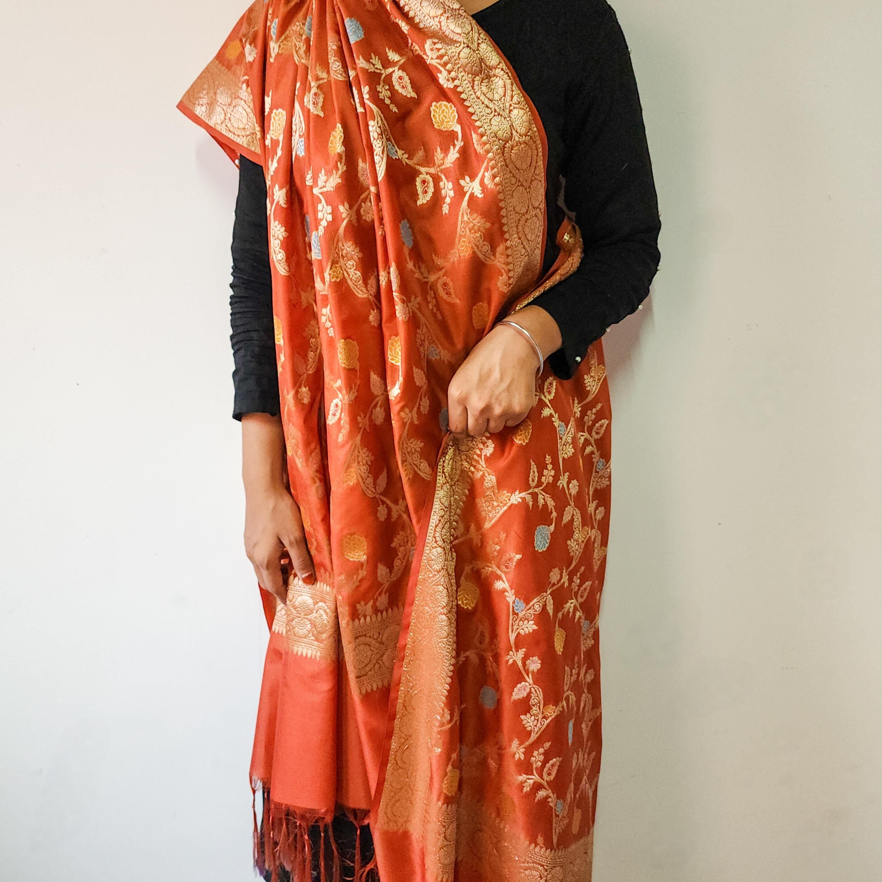 Rust Orange Banarasi Silk Dupatta with Gold Zari Border & Multicolor Meenakari Work