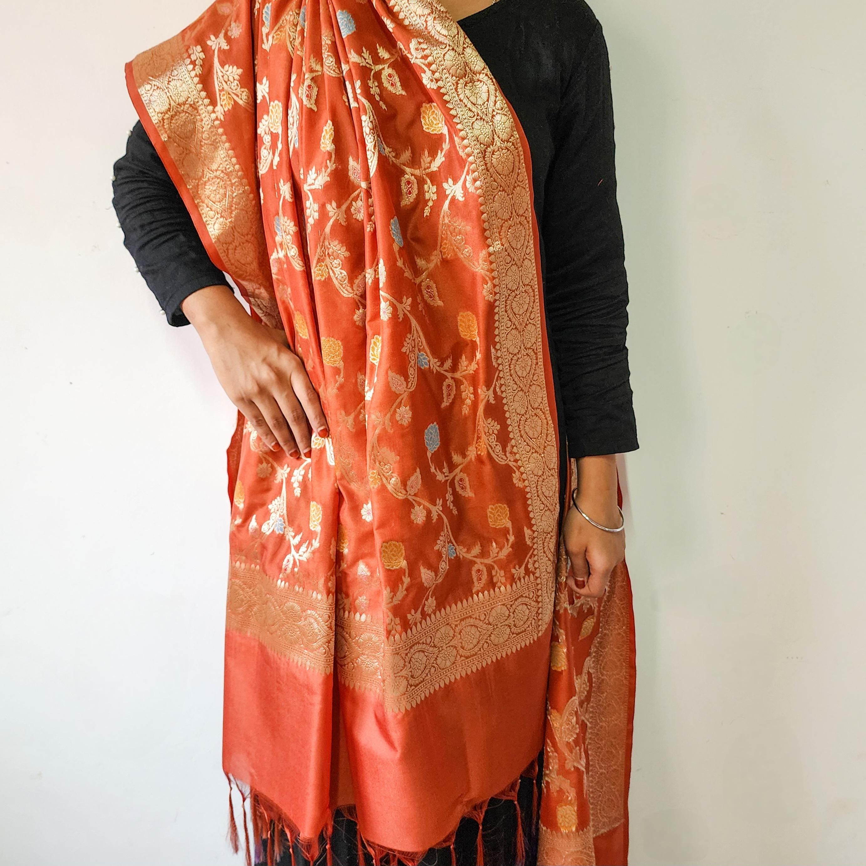 Rust Orange Banarasi Silk Dupatta with Gold Zari Border & Multicolor Meenakari Work